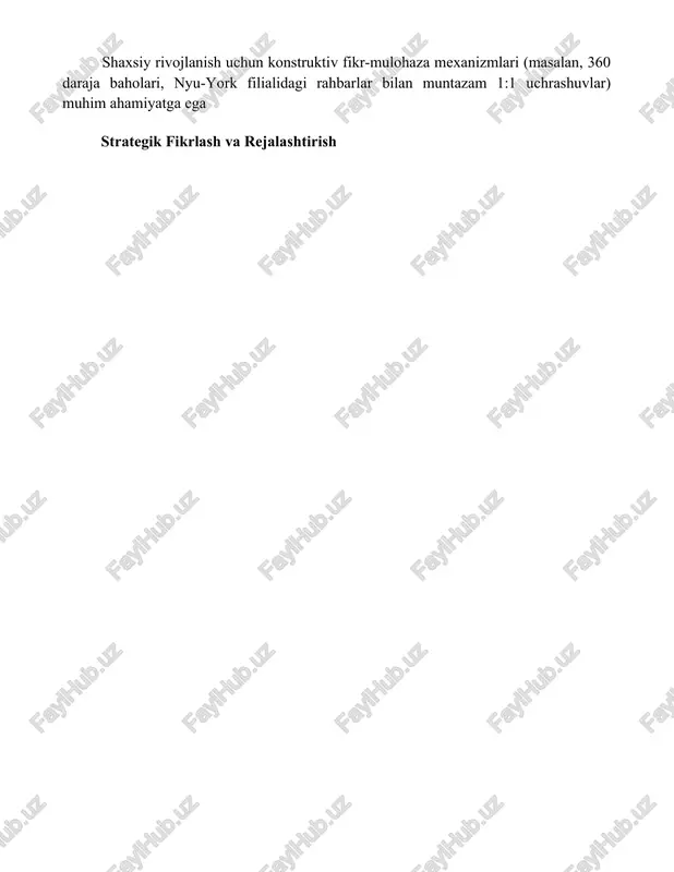 kni o'z zimmasiga olish) hisobdorlikni rivojlantiradi shaxsiy rivojlanish uchun konstruktiv fikr-mulohaza mexanizmlari (masalan, 360 daraja baholari, nyu-york filialidagi rahbarlar bilan muntazam 1:1 uchrashuvlar) muhim ahamiyatga ega strategik fikrlash va rejalashtirish xulosa samarali boshqaruv shaxsiy hissalarga bog'liq. shaxsiy ko'nikmalar, axloqiy xulq-atvor va faol ishtirok tashkilot muvaffaqiyati uchun muhim. oxir-oqibat, shaxslarning umumiy ta'siri boshqaruv samaradorligi va umumiy tashkilot natijalarini shakllantiradi. foydalanilgan adabiyotlar menejment va liderlik bo'yicha asosiy asarlar: individualning roli.