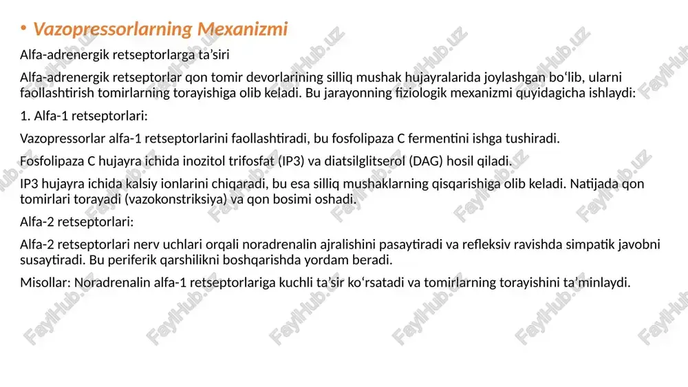 ptorlariga ta’sir qiladi. tez yordamda qo‘llaniladigan vazopressorlar adrenalin (epinefrin) qo‘llanilishi: adrenalin asosan shoshilinch holatlarda qo‘llaniladi, jumladan: anafilaktik shok: birinchi tanlov vositasi. yurak to‘xtashi: kardio-pulmoner reanimatsiyada ishlatiladi. bronxospazm: og‘ir astma xurujlarida qo‘llaniladi. septik shok: kuchli yurak qisqarishi talab etilgan hollarda. dozalari: anafilaksiya: o‘tkir holatlarda 0,3–0,5 mg intramuskulyar (im), 5–15 daqiqada qaytariladi. og‘ir holatlarda 0,1 mg intravenoz (iv), kerak bo‘lsa infuziya bilan davom ettiriladi (0,05–0,1 mcg/kg/min). yurak to‘xtashi: har 3–5 daqiqada 1 mg iv yoki io (intraosseoz). bronxospazm: 0,3 mg im yoki ingalatsiya uchun noradrenalin (norepinefrin) qo‘llanilishi: noradrenalin kuchli alfa-adrenergik ta’sir ko‘rsatadi va qon bosimini oshirishda ishlatiladi: septik shok: birinchi tanlov vositasi. kardiogen shok: diuretik va vazodilatatorlar bilan birgalikda. og‘ir gipotoniya: anesteziya yoki jarrohlikda qon bosimini barqarorlashtirish. dozalari: septik va kardiogen shok: 0,05–0,5 mcg/kg/min infuziya orqali. doza bemorning javobiga qarab titrlanadi. og‘ir gipotoniya: 2–12 mcg/min infuziya. yon ta’sirlari: adrenalin yon ta’siri: yurak aritmiyalari (taxikardiya, fibrillatsiya). miokard ishemiyasi. qon bosimining keskin oshishi. tremor, …