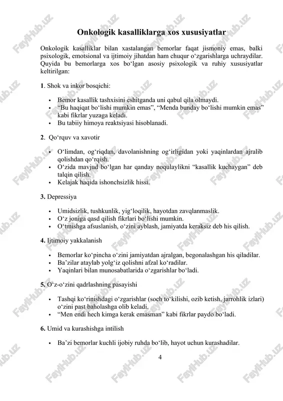 qilinmasa) · ko‘rlik (diabetik retinopatiya) · buyrak yetishmovchiligi · yurak-qon tomir kasalliklari · diabetik nevropatiya – oyoq-qo‘llarda og‘riq, qichishish, karaxtlik · oyoq gangrenasi va amputatsiya xavfi · immunitet zaiflashuvi oldini olish yo‘llari (profilaktika) · sog‘lom ovqatlanish (kam shakar, ko‘p sabzavot, to‘liq don mahsulotlari) · ortiqcha vazndan qochish · faol turmush tarzi (kundalik jismoniy mashqlar) · stressni kamaytirish · vaqti-vaqti bilan tibbiy ko‘rikdan o‘tish (ayniqsa xavf guruhi uchun) psixologik jihatlar qandli diabet surunkali kasallik bo‘lgani uchun bemorda ruhiy holatga ta’sir qilishi mumkin: · kasallikni qabul qilmaslik · qo‘rquv: asoratlar, cheklovlar, ukollar · doimiy parhez va dori-darmonlardan charchash · depressiya, umidsizlik · ijtimoiy cheklovlar: mehmonga bormaslik, jamiyatdan chetlanish shu sababli psixologik yordam, darddoshlar bilan muloqot, ijtimoiy qo‘llab-quvvatlash juda muhim. qandli diabet — hayot sifatini pasaytiruvchi, ammo nazorat ostida ushlab turilsa, yashash mumkin bo‘lgan kasallikdir. to‘g‘ri ovqatlanish, faol turmush tarzi, doimiy nazorat va ruhiy barqarorlik orqali bemor sog‘lom, baxtli hayot kechirishi mumkin. 8 …