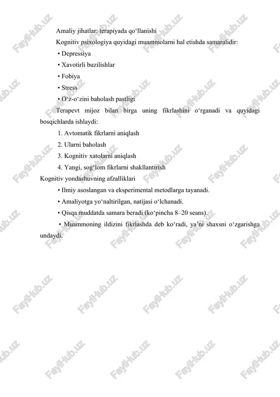 sqich: nazariy qisqacha sharh (15daqiqa) • kognitiv psixologiya tarixi va asoschilari. • avtomatik fikrlar va ularning hissiy holatga ta’siri. • kognitiv xatolar misollar bilan. 2-bosqich: amaliy mashqlar (30daqiqa) mashq 1: “fikrni aniqlang” • talabalar turli hayotiy holatlar berilgan kartochkalardan birini tanlaydi. • har bir talabaga: “bu holatda sizda qanday fikr paydo bo‘ladi?” degan savol beriladi. • fikr avtomatik bo‘lishi kerak (tez va his-tuyg‘ularga asoslangan). mashq 2: “kognitiv xatoni top” • guruhlarda ishlash: har bir guruhga noto‘g‘ri fikrlar ro‘yxati beriladi. • talabalar ushbu fikrlar qaysi kognitiv xatoga tegishli ekanini aniqlaydi (absolyut fikrlash, salbiy prognoz, o‘zini ayblash va h.k.). mashq 3: “fikrni qayta tuzish” • talabalar salbiy avtomatik fikrni ijobiy, realistik alternativ fikrga almashtiradilar. • masalan: “men hech narsaga yaramayman” → “men hozir qiynalyapman, lekin men o‘rganayotgan odamman.” 3-bosqich: qaytar aloqa (15 daqiqa) • “bugungi mashqlarda nimalarni angladim?” • “qanday fikrlar menga zarar yetkazayotganini tushundimmi?” • “o‘z-o‘zini kuzatishni qayerda qo‘llashim mumkin? kerakli …