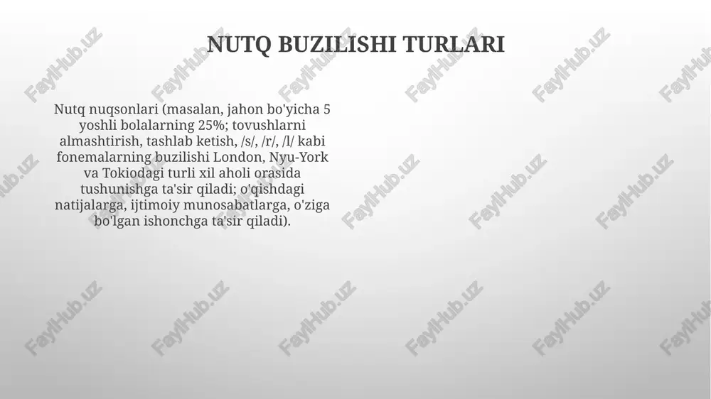 kabi yirik shaharlardagi 0-8 yoshli bolalar uchun nutq terapiyasi (slp) aralashuvlari 20% yaxshilanishni ko'rsatadi, 10-12 ta mashg'ulot talab etiladi; turli xil populyatsiyalar (masalan, ispan millatiga mansub bolalar) bo'yicha qo'shimcha tadqiqotlar kerak. ta'lim aralashuvlari texnologiya yordamida aralashuvlar (barcha yoshdagilar) ilovalar (masalan, speech blubs, articulation station) va masofaviy terapiyani geografik cheklovlardan (qishloq joylari, alyaska; izolyatsiya qilingan jamoalar) qat'iy nazar qo'llaydi 0-3 yoshdagi erta aralashuv muhim; logopedlar (slp) maktabgacha ta'lim muassasalari/uylarda (masalan, denver, kolorado; chikago, illinoys) o'yin usullaridan foydalanib, fonematik ong, artikulyatsiya va til tushunishga e'tibor berishadi. bolalarning 80%ida sezilarli yaxshilanishlar kuzatilgan. e'tiboringiz uchun rahmat @taqdimot_robot image1.png image2.png image3.png