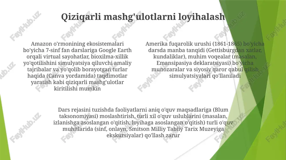 ko'rish 3-5 o'qituvchidan iborat guruhlarda turli pedagogik yondashuvlar (konstruktivistik, bihevioristik) va ko'p resurslardan (10+ onlayn resurs, 5+ darslik) foydalangan holda qo'shma dars rejalari ishlab chiqiladi turli maktab tumanlaridagi (masalan, los anjeles birlashgan maktab tumani, nyu-york shahar ta'lim departamenti) muayyan fanlar bo'yicha ixtisoslashgan o'qituvchilar (masalan, ap kimyo, algebra ii) sifatli va miqdoriy ma'lumotlardan (masalan, o'quvchilar so'rovlari (n=25), standartlashtirilgan test ballari) foydalanib, dars tahlilini o'tkazadilar dars rejasi tarkibiy qismlari dars rejasini tayyorlash: davlat standartlariga (ccss.ela-literacy.w.9-10.2) moslashtirish, o'quv strategiyalarini tanlash (to'g'ridan-to'g'ri ko'rsatma, izlanishga asoslangan o'qitish), qiziqarli mashg'ulotlarni yaratish (rolli o'yinlar, munozaralar, simulyatsiyalar), shakllantiruvchi va yakunlovchi baholashni loyihalash, texnologiyalarni qo'llash (google classroom, interaktiv doskalar) talaba tushunchasini baholash shakllanuvchi baholar (masalan, kennedi oʻrta maktabining algebra ii darsidagi 5 daqiqalik chiqish varaqalari, fransiz inqilobi boʻyicha sinf muhokamalarida oʻquvchilarning ishtirokini kuzatish) yekun baholash (masalan, vestvyu o'rta maktabida shekspirning "hamlet" asari bo'yicha 50 ta test va 5 ta inshoni o'z ichiga olgan sinovlar, aqsh tarixi bo'yicha ap fanidan …