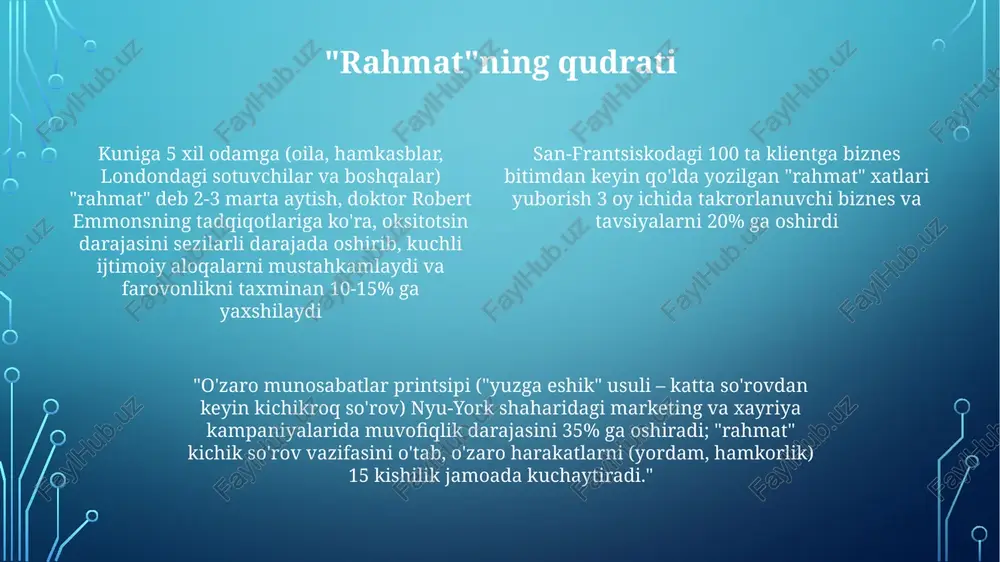'rtasidagi tengsiz almashinuv) kabi omillar bilan bog'liq. o'zaro munosabatlarning uch turi – umumlashgan (aniq javob yo'q, oila), muvozanatli (darhol yoki kutilayotgan javob, masalan, marokash suqlaridagi savdo) va salbiy (berilganidan ko'proq olishga urinish, masalan, mustamlaka oldidan amazon qabilalaridagi o'g'irlik) – ishonchdan to'qnashuvgacha bo'lgan ijtimoiy munosabatlar doirasini ko'rsatadi. tabiatda o'zaro munosabat akasya daraxtlari (acacia drepanolobium) afrikaning savannalarida (masalan, keniyadagi amboseli milliy parki) tajovuzkor chumolilarga (pseudomyrmex spp.) boshpana (bo'sh tikanlar) va ozuqa (beltian tanachalari) beradi; chumolilar esa akasiyalarni o't o'tlaridan (jirafalar, yaylov hayvonlari) himoya qilib, daraxtlarning omon qolish darajasini 30-60% ga oshiradi. marjon baliqlar (labroides spp marketingda o'zaro manfaat o'zaro manfaat, ijtimoiy psixologiyaning asosiy printsipi, odamlar olgan yordam yoki sovg'alarni qaytarishga majbur his qilishlarini bildiradi o'zaro harakatlar (masalan, mijozlarga xizmat so'rovlarining 80%iga 24 soat ichida javob berish va avvalgi xaridlarga asoslangan shaxsiy tavsiyalar taklif qilish) orqali kuchli munosabatlar qurish mijozlarning sodiqligiga yordam beradi o'zaro foydali marketing strategiyalari (masalan, amazon saytida birinchi marta xarid …