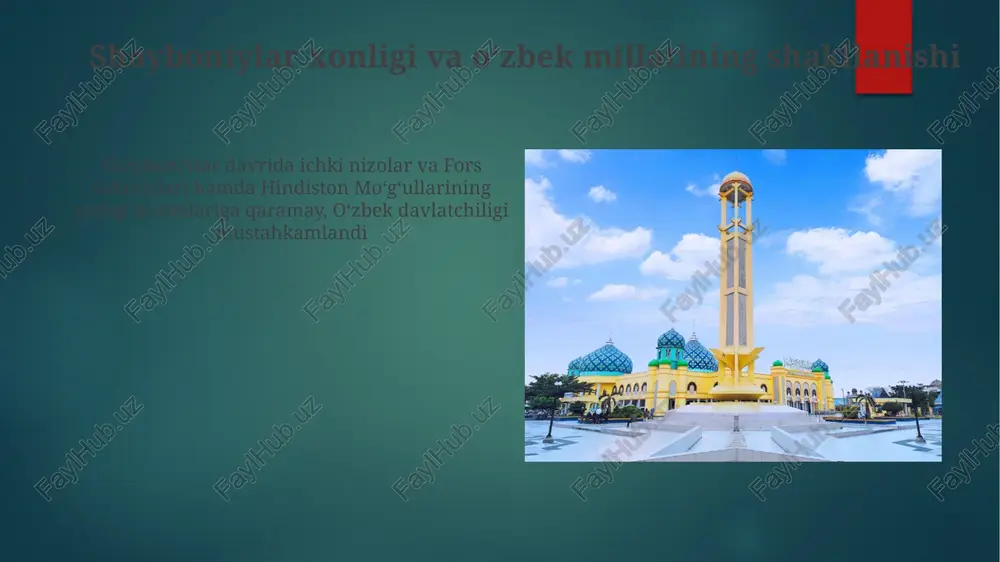 dan, madaniy va siyosiy tuzilmalarining taʼsiri katta boʻlgan temuriylar imperiyasi (xiv-xv asrlar), turk qabilalaridan boʻlgan va qisman eftal madaniy merosidan taʼsirlangan temur (amir temur) boshchiligida eron, markaziy osiyo (samarqand kabi avvalgi eftal nazorati ostidagi hududlarni oʻz ichiga olgan) va hindistonning ayrim qismlarida kuchga kirdi e'tiboringiz uchun rahmat @taqdimot_robot image6.jpg image7.jpg image8.jpg image9.jpg image10.jpg image11.jpg image12.jpg image13.jpg image14.jpg image15.jpg image16.jpg image17.jpg image2.png image3.png image4.png image5.png