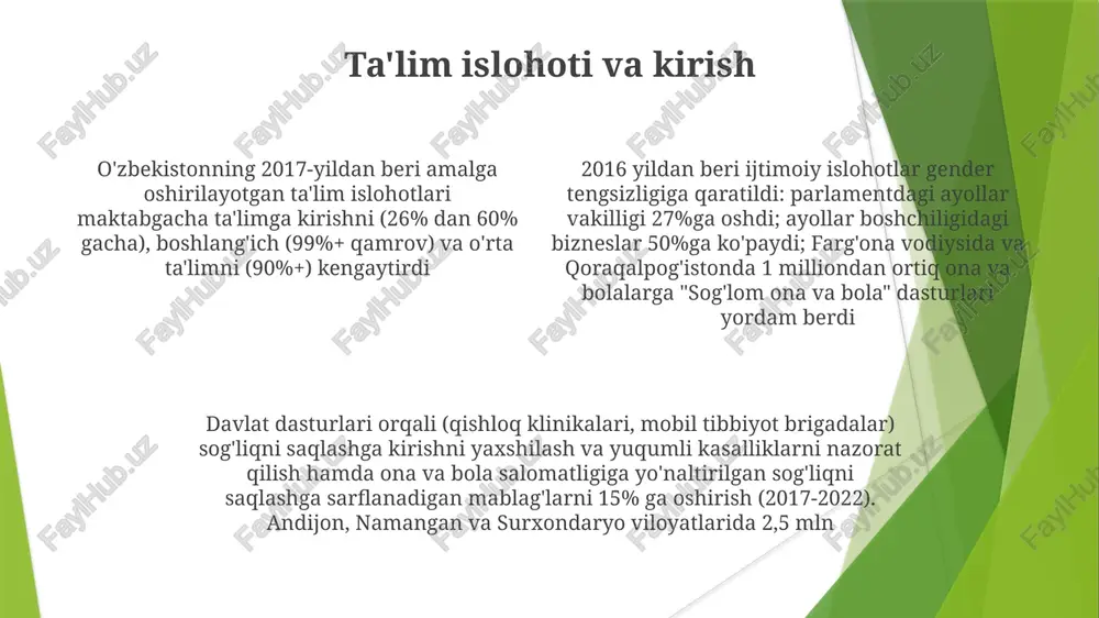 turizmda 500,000+ o'qitilgan), yosh tadbirkorlar uchun mikroqarz dasturlari (10,000+ qarz berilgan) va ishga joylashtirish xizmatlari (200+ markaz) kabi tashabbuslari tufayli 2016-2022 yillarda 18% dan 12% ga kamaydi o'zbekiston milliy yoshlar dasturi (2017-2021) 5 sohada yoshlar ishtirokini oshirdi: ish bilan ta'minlash (700.000+ ish o'rni), tadbirkorlik (150.000+ yangi biznes), fuqarolik faolligi (toshkent, samarqand va farg'ona viloyatlarida 3.000+ yoshlar tashabbusi), ta'lim (10.000+ talaba uchun stipendiyalar) va volonterlik (2.000.000+ soat ko'ngillilik). e'tiboringiz uchun rahmat @taqdimot_robot