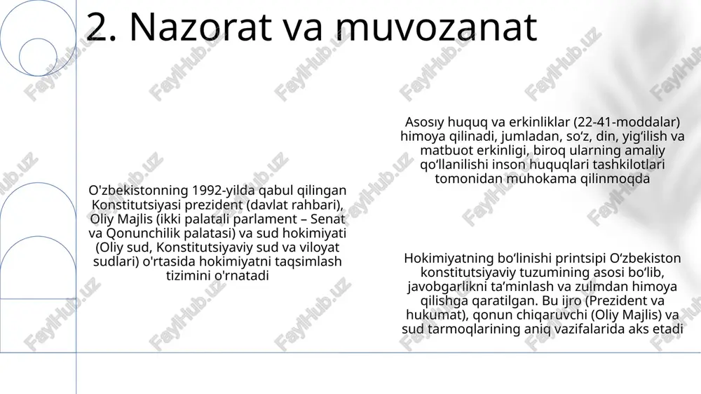 shaxs va jamoa huquqlarini, jumladan, mulk huquqini (40-modda) va ijtimoiy himoyani (41-modda) himoya qiladi. oliy majlisning 125 a'zosi ijroni ta'minlaydi. asosiy vazifalar, huquqlarni to'ldirib, fuqarolik mas'uliyatini ta'kidlaydi, o'zbekistonning 12 viloyati va qoraqalpog'iston respublikasida tinch-totuv hayotni targ'ib qiladi (61-modda), milliy birlikni mustahkamlaydi (62-modda) 8. fuqaro huquq va majburiyatlari o'zbekiston konstitutsiyasi (1992-yil 8-dekabr) inson huquq va erkinliklarini, jumladan hayot, erkinlik, qonun oldida tenglik (irqi, millati, jinsi, tili, dini, ijtimoiy kelib chiqishi va hokazolarga qaramasdan), mulk, vijdon, so'z, matbuot, yig'ilish, birlashish va o'zbekiston bo'ylab harakatlanish erkinliklarini kafolatlaydi (18-27-moddalar) xalqaro inson huquqlari hujjatlari, masalan, inson huquqlari boʻyicha umumiy deklaratsiya va oʻzbekiston tomonidan ratifikatsiya qilingan turli xil bmt shartnomalari oʻzbekistonning huquqiy tizimi va milliy amaliyotida bu huquqlarning qoʻllanilishi va rivojlanishiga taʼsir qiladi va shakl beradi toshkentdagi oliy sud va konstitutsiyaviy sudlar huquqiy tizimida muhim rol o'ynab, qonunlarni talqin qilish va ishlarni ko'rish orqali ushbu huquqlarni himoya qiladi 9. inson huquqlari va erkinliklari ozbekistonning 12 viloyati …