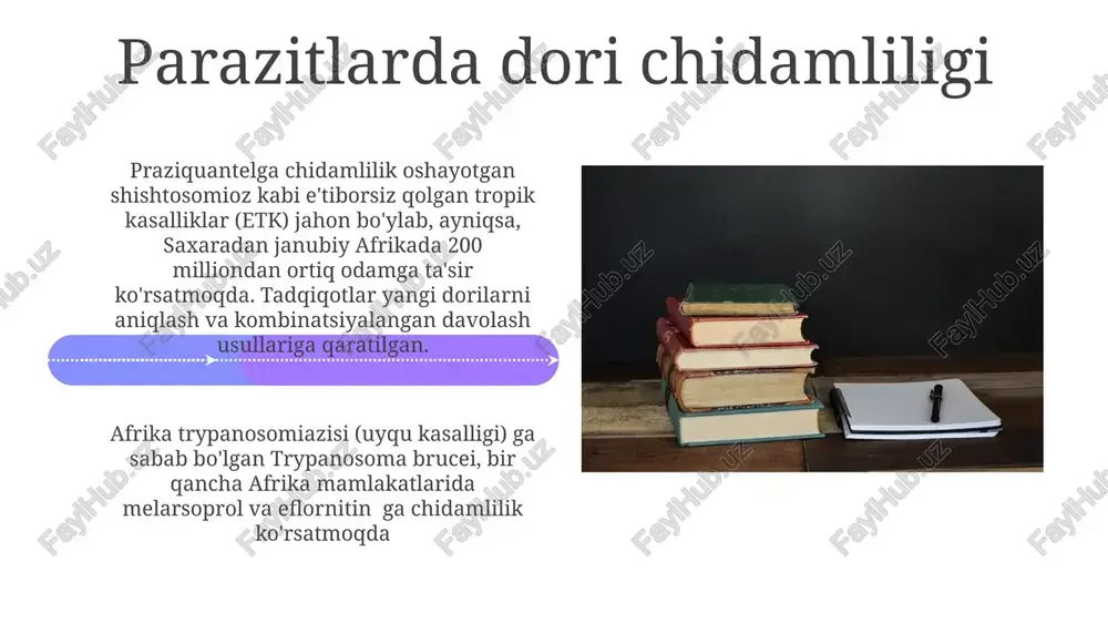 ga, igm) serologik tahlillar orqali o'lchanadi va butun dunyo bo'ylab o'tmishdagi yoki hozirgi infektsiyalarni baholashga yordam beradi oziq-ovqat orqali yuqadigan parazitlar oziq-ovqat orqali yuqadigan toksoplazma gondii, kriptosporidiya parvum va giardia lamblia parazitlari butun dunyo bo'yicha millionlab odamlarni kasal qiladi; aqsh, yevropa va rivojlanayotgan mamlakatlardagi laboratoriyalarda najas namunalari, serologiya va pcr testlari orqali tashxis qo'yiladi parazitar kasalliklarni o'rganish (parazitologiya) epidemiologiya (kasallik tarqalishini kuzatish), immunologiya (mezbonning immun javobi) va jamoat salomatligi tashabbuslari (sanitariya, oziq-ovqat xavfsizligi qoidalari) kabi ko'plab fanlarni o'z ichiga oladi e'tiboringiz uchun rahmat @taqdimot_robot image4.jpg image5.jpg image6.jpg image7.jpg image8.jpg image9.jpg image10.jpg image11.jpg image12.jpg image13.jpg image14.jpg image15.jpg image16.jpg image17.jpg image18.jpg image19.jpg image20.jpg image1.jpeg image2.jpeg image3.jpeg