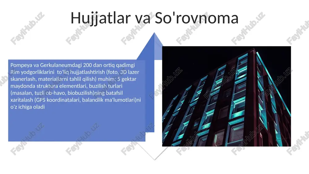 ktar). kolizey (rim, italiya): 1500 yoriq aniqlangan; ta'mirlash 3 asosiy yo'nalishda olib borildi: beton ta'mirlash (800 kubometr), poydevor mustahkamlash (250 ta ustun urilgan), tashqi tozalash (10 000 kvadrat metr). qiyinchiliklar va kelajakdagi tendentsiyalar axloqiy jihatlar haqiqiylikni va tuzilmaviy butunlikni muvozanatlash ehtiyotkorlikni talab qiladi. masalan, parfenonning vayron bo'lgan qismlarini zamonaviy materiallar yordamida tiklash vizual ishonchlilik va uzoq muddatli saqlanish masalalarini tug'diradi. moliyalashtirishning shaffofligi va jamoatchilik ishtiroki (masalan, maxu-pikchuni restavratsiyasida mahalliy arxeologik ekspertiza) muhim axloqiy omillar hisoblanadi. turistlardan kelib chiqadigan zarar ehtimoli ehtiyotkorlik bilan tashrif buyuruvchilarni boshqarish strategiyasini (masalan, pompeydagi nazorat qilingan kirish, petradagi guruhlar sonini cheklash) talab qiladi g'isht terimi ta'mirlash va rekonstruktsiyasi qadimgi me'moriy yodgorliklarni tiklashda aniq hujjatlashtirish (fotogrammetriya, 3d skanerlash), materiallarni tahlil qilish (toshning asl turini aniqlash uchun petrografik mikroskopiya) va ob-havo jarayonlarini (masalan, tuz kristallanishi, kislotali yomg'ir) ehtiyotkorlik bilan hisobga olish talab etiladi metall buyumlarni konservatsiyasi metallarning konservatsiyasi zanglash (masalan, 18-asr frantsuz darvozalaridagi temir oksidlari)ni va pompei va …