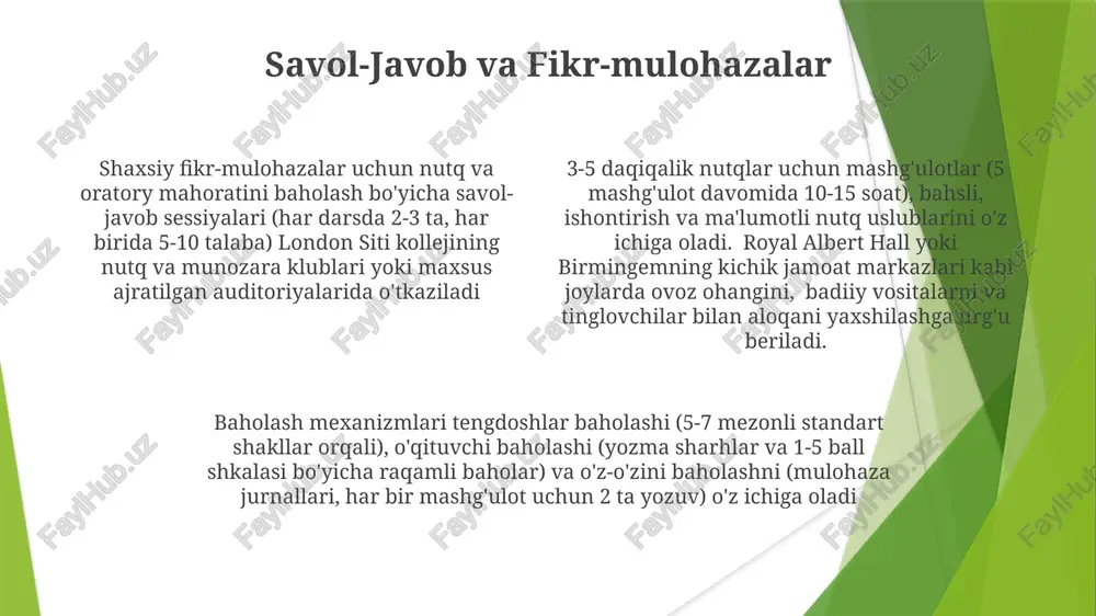 utq tuzilmasini (aristotelning uchta murojaati: etos, pathos, logos), yodlash texnikalarini (lokuslar metodi, kalit so'z metodi), ritorikaning samarali qo'llanilishini (metafora, taqqoslash, analogiya) o'z ichiga oladi. muvaffaqiyatli nutq kuchli argumentatsiya, 3-5 ta asosiy fikrni talab qiladi tananiy til tomoshabin ta'surotini o'zgartiradi; holat (masalan, tik, o'ziga ishonchli), imo-ishoralar (aniq, maqsadli, 2-3 fut radius), yuz ifodalari (qiziqqan, 7 mikroifoda) e'tiboringiz uchun rahmat @taqdimot_robot
