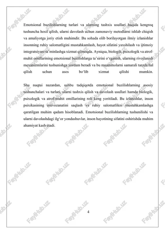 . hozirgi zamonda emotsional buzilishlarni aniqlash va davolashda zamonaviy texnologiyalar va metodlar keng qoʻllanilmoqda. neuroimaging texnologiyalari, genetik tadqiqotlar va psixometrik usullar yordamida bu buzilishlarning biologik asoslari o‘rganilmoqda. shu bilan birga, psixoterapiya, dorilar va ijtimoiy qo‘llab-quvvatlash muolajalari muhim ahamiyat kasb etmoqda. biroq, emotsional buzilishlarning stigma va noto‘g‘ri tushunchalar bilan bog‘liqligi ham jiddiy muammo bo‘lib qolmoqda, bu esa insonlarning davolanishga kirishishlariga to‘sqinlik qilishi mumkin. emotsional buzilishlarning oldini olish va profilaktik choralarga ham katta e’tibor qaratilmoqda. bu sohadagi tadqiqotlar, inson ruhiyatining murakkabligini tushunishga va uni yaxshilashga qaratilgan. xulosa qilib aytganda, emotsional buzilishlar inson psixikasining muhim va ko‘p qirrali muammolari bo‘lib, ularning to‘liq tushunilishi, aniqlanishi va davolash usullarining rivojlanishi inson hayoti sifatini oshirishda muhim ahamiyatga ega. bu jarayonda ilmiy izlanishlar va amaliy tajribalar, ruhiy salomatlikni mustahkamlash uchun asosiy manba boʻlib xizmat qiladi. ii. ularni tashxis qilish va davolash usullari ularni tashxis qilish va davolash usullari emotsional buzilishlarni tashxis qilish jarayoni kompleks va multidistsiplinar yondashuvni …
