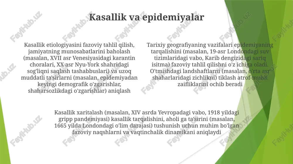 alan, buyuk britaniyadagi rim yo'llarining havo fotosuratlari) va statistik usullar (masalan, london shahridagi 19-asr vabo tarqalishining fazoviy avtokorrelyasiya tahlili) yordamida tarixiy naqshlarni o'rganadi tarixiy geografiyada fazoviy tahlil gis, masofadan zondlash (masalan, buyuk britaniyadagi rim yo'llarining havo fotosuratlari) va statistik usullar (masalan, london shahridagi 19-asr vabo tarqalishining fazoviy avtokorrelyasiya tahlili) yordamida tarixiy naqshlarni o'rganadi inson turar-joylarining evolyutsiyasi tarixiy geografiya inson faoliyatining vaqt o'tishi bilan makonidagi o'zgarishlarini o'rganadi. savdo va transport geografiyasi maqsadlar: turli davrlar (masalan, rim imperiyasi, kolumb almashinuvi)dagi savdo tarmoqlarini xaritalash, transport infratuzilmasining (masalan, kanallar, temir yo'llar, rotterdam, shanxay portlari) iqtisodiy o'sish va mintaqaviy tengsizlikka ta'sirini aniqlash globalizatsiyaning geografik jihatlarini (masalan, konteynerlashtirish, havo yuk tashish) o'rganish global ta'minot zanjiri, ishlab chiqarish va iste'mol markazlarining joylashuvini (masalan, shenzhen, detroit) tahlil qilish va transportning ekologik ta'sirini (masalan, kema transportidan chiqadigan uglerod emissiyasi, yirik shaharlardagi havo ifloslanishi) baholashni talab qiladi. xotira va identifikatsiya geografiyasi vazifalar turli metodlardan (gis, miqdoriy tahlil, sifatli intervyular) foydalanib, …