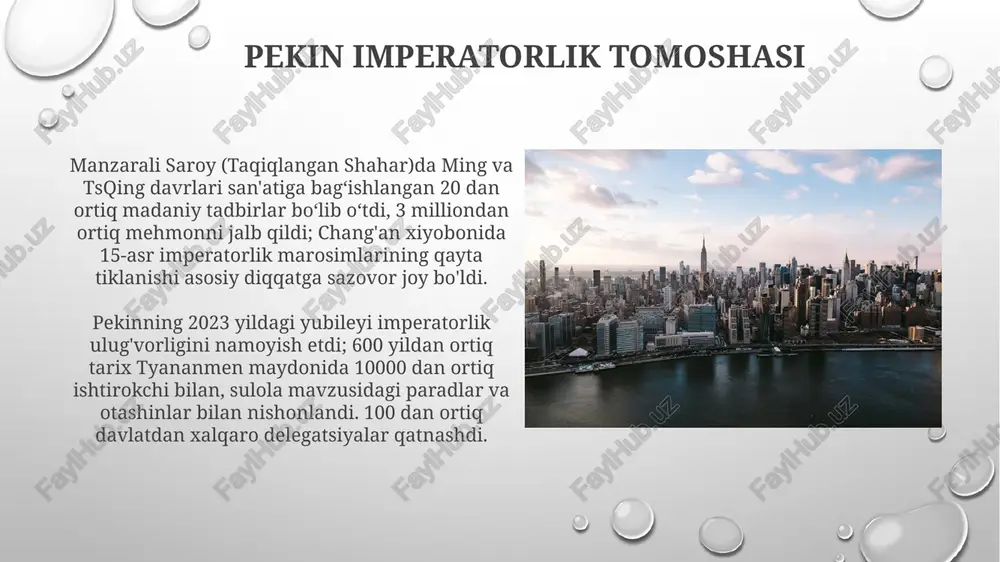 buyuk britaniya va hamdo'stlik davlatlarida 10 000 dan ortiq tadbirlar, jumladan temza daryosidagi ulkan parad, ranglarni ko'tarish marosimi va bakingem saroyi balkonidagi chiqishlarni o'z ichiga oldi londondagi 2000 yillik tarixni namoyish etgan yubiley bilan bog'liq yubiley tadbirlari. london mitreyumi kabi rim davriga oid joylar va tower kabi o'rta asr joylari maxsus turlar va ko'rgazmalarni taklif qildi. london siti korporatsiyasi ko'plab tarixiy rekonstruktsiyalar va ma'ruzalarni tashkil qildi e'tiboringiz uchun rahmat @taqdimot_robot image3.png image4.jpg image5.jpg image6.jpg image7.jpg image8.jpg image9.jpg image10.jpg image11.jpg image12.jpg image13.jpg image14.jpg image15.jpg image1.png