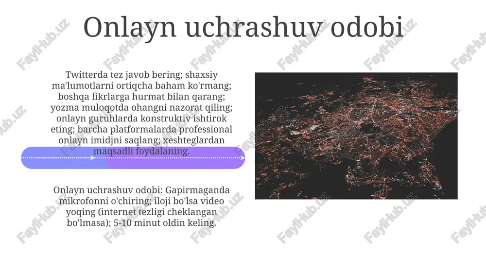 m mustahkam professional tarmoq qurish hurmatli munosabatni talab qiladi. tegishli kontent (maqolalar, videolar)ni baham ko'rish va boshqalarning postlariga o'ychan fikrlar bildirish hamkorlikni rivojlantiradi. onlayn muhokamalar va taqdimotlarda (zoom, google meet) manbalarni to'g'ri keltirishni (apa, mla) unutmang mojaro hal qilish samarali mojaroli vaziyatlarni boshqarish va tarmoq odobi strategiyasi samaradorlikni 15-20% ga oshiradi (manba: 2023 yilgi global biznes konsalting kompaniyasi mckinsey & companyning 5 qit’adagi 1000 ta kompaniyani tahlil qilgan tadqiqoti) ijtimoiy tarmoq odobi raqamli fuqarolik (internetda mas'uliyat), ikkalasiga ham zarur. ulashishdan avval oqibatlarini o'ylang (bosishdan oldin o'ylang). hamdardlikni namoyon eting, intellektual mulk huquqlariga rioya qiling va jamoa qoidalari (xizmat shartlari) ga amal qiling. kiber zo'ravonlikni (nafrat nutqi, tahdid) xabar qiling. ijtimoiy tarmoqlarda (facebook, instagram, x [sobiq twitter], linkedin) 24/7 ehtiyotkorlik bilan yozish kerak. turli fikrlarga hurmat bilan yondoshing, qizg'in gaplar, shaxsiy haqoratlar va noto'g'ri ma'lumotlardan (soxta yangiliklardan) saqlaning. maxfiylik sozlamalariga (ma'lumotlarni himoya qilishga) ustunlik bering. raqamli iz ijobiy raqamli iz qoldirish …