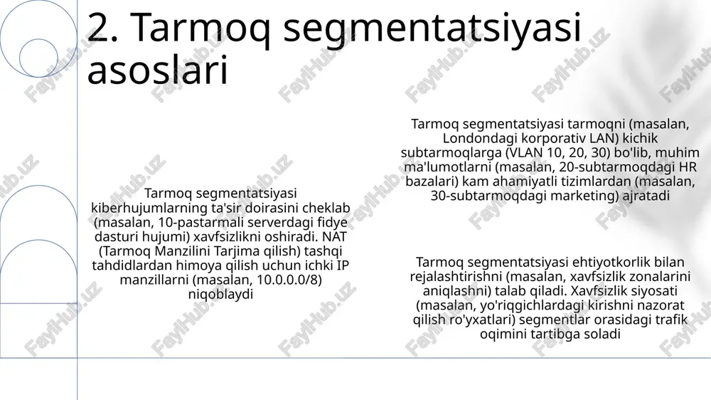 armoqlar uchun tarmoqni boshqarishni soddalashtiradi; internet kabi tashqi tarmoqlardan ichki ip manzillarni yashirish orqali xavfsizlikni oshiradi tarmoq segmentatsiyasi va nat: har xil ichki subtarmoqlar (masalan, 192.168.1.0/24, 10.10.10 9. natning afzalliklari va kamchiliklari ddos hujumlari (masalan, 80-portga (http) qaratilgan) tarmoq resurslarini to'ldirishi mumkin. tarmoq xavfsizligi, trafikni filtrlaydigan va 192.168.1.0/24 subtarmoqdan zararli paketlarni blokirovka qiluvchi kirishni boshqarish ro'yxatlarini (acl) amalga oshiruvchi xavfsizlik devorlariga (masalan, palo alto networks, cisco asa) tayanadi eski tizimlardagi (masalan, eski buxgalteriya tizimidagi windows xp kompyuterlari) zaifliklar katta xavf tug'diradi. tarmoq segmentatsiyasi bu tizimlarni ajratib, hujumlarning ta'sirini kamaytiradi. barcha segmentlarda ko'p omilli autentifikatsiyani (mfa) joriy etish xavfsizlikni mustahkamlaydi. nat qo'shimcha himoya qatlami yaratadi tarmoq segmentatsiyasi 3 ta muhim tizimni (masalan, dmz, ichki tarmoq, iot qurilmalarini) geografik jihatdan tarqalgan joylarda (masalan, nyu-york, london, tokio ma'lumot markazlari) ajratib, tahdidlarni kamaytiradi. bir segmentdagi zaifliklar (masalan, veb-serverdagi sql in'ektsiyasi) cheklanib, butun tarmoqning keng miqyosdagi buzilishining oldini oladi 10. tahdidlar va zaif tomonlar london …