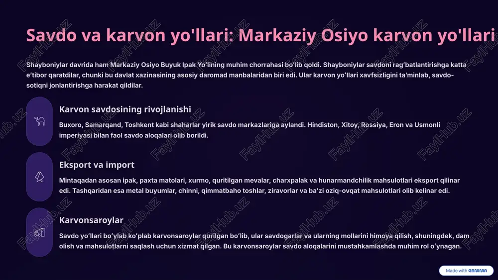 unosabatlari va tabaqaviy farqlarga asoslangan edi. jamiyatda shayboniylar sulolasining oʻrni ustuvor boʻlsa-da, qabila zodagonlari va diniy ulamolar ham katta taʼsirga ega edilar. hukmron tabaqa shayboniylar sulolasi va ularning avlodlari oliy tabaqani tashkil etgan. xon va uning oila aʼzolari barcha siyosiy va harbiy hokimiyatni qoʻlida tutgan. qabila zodagonlari oʻzbek qabilalarining boshliqlari va beklar jamiyatda katta obroʻga ega boʻlib, koʻpincha davlat boshqaruvida muhim lavozimlarni egallaganlar. ular oʻz qabilalari ustidan maʼlum darajada mustaqillikka ega boʻlganlar. ulamolar va ruhoniylar islom ulamolari va ruhoniylar jamiyatda katta hurmatga ega boʻlib, ular diniy taʼlim, sud ishlari va jamoat hayotida muhim rol oʻynaganlar. koʻplab madrasalar va masjidlar ularning nazorati ostida boʻlgan. savdogarlar va hunarmandlar shahar aholisining katta qismini savdogarlar va hunarmandlar tashkil etgan. ular iqtisodiy jihatdan faol boʻlib, shahar hayotida muhim oʻrin tutganlar. dehqonlar va cho'ponlar jamiyatning eng quyi qatlamini dehqonlar, chorvadorlar va qishloq aholisi tashkil etgan. ular davlatga soliq toʻlaganlar va mehnatlari bilan iqtisodiyotni taʼminlaganlar. 6 madaniy …