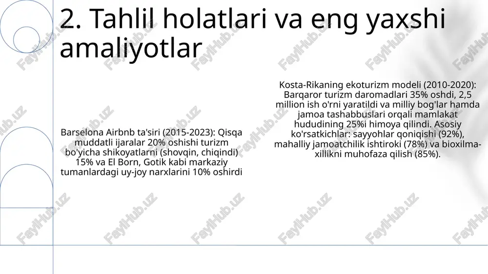ining oshishi janubi-sharqiy osiyo va karib orollaridagi biznes strategiyasiga ta'sir qilmoqda; ekologik turizm ahamiyati ortib bormoqda. 12. bozor raqobat tahlili turistlardagi bozorga muvofiqlik iste'molchilarni himoya qilish qonunlariga (masalan, buyuk britaniyadagi 2018 yildagi iste'molchilar huquqlari to'g'risidagi qonun bo'yicha qaytarish siyosati), atrof-muhitni muhofaza qilish standartlariga (masalan, iso 14001 sertifikati) va soliq qoidalariga (turli mamlakatlardagi qqs/soliq) rioya etishga bog'liq jahon turizmining tartibga solish doirasida turli milliy va mintaqaviy siyosatlar (masalan, yevropa ittifoqining 2003 yildagi sayohat to'plami direktivasi, aqshning aviatsiya transportiga ta'sir etuvchi faa qoidalari, xitoyning chiquvchi turizmni boshqarish siyosati) mavjud turist sektorining tartibga solish muhiti (masalan, icao aviatsiya xavfsizligi standartlari air france va lufthansa kabi aviakompaniyalariga, bmtwtoning axloqiy qoidalari ko'plab mamlakatlarning turizm siyosatlariga ta'sir qiladi) doimiy ravishda rivojlanib bormoqda 13. tartibga solish mexanizmlari va muvofiqlik turist bozorining xavflarini tahlil qilish ehtimollik va ta'sirlarni miqdor jihatidan aniqlashni talab qiladi. masalan, florida sohiliga kuchli bo'ronning 5% ehtimoli orlando tematik parklariga 50 million dollar zarar keltirishi …
