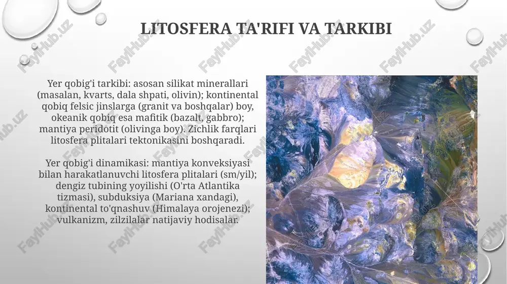 harakatlanadi. plitalar chegaralari (konvergent, divergent, transform) kuchli seysmik va vulkanik faollik markazidir (olovli halqa, tinch okeani atrofi). yer qimirlashlari litosfera plitalarining harakati (masalan, chili yaqinida tinch okeani plitasining naska plitasining tagiga kirishi, 8 va undan yuqori balli zilzilalarni keltirib chiqaradi) natijasida yoriqlar bo'ylab seysmik energiyani chiqaradi (san-andreas yorig'i, kaliforniya) litosfera va astenosfera yerning litosferasi, o'rtacha 100 km qalinlikda (qit'a > okean), qattiq tektonik plitalardan (masalan, tinch okeani plitasi) yer po'sti (bazalt okean, granit qit'a) va yuqori mantiya qatlamlaridan iborat; yoriqlar zilzilalarni (masalan, san-andreas yorig'i) keltirib chiqaradi. yer qobigʻi-astenosfera chegarasi (yqax) keskin chegarasi emas; uning chuqurligi geografik jihatdan oʻzgaradi (masalan, okean oʻrtasidagi tizmalar ostida sayozroq, materiklar ostida chuqurroq); temperatura va bosim gradienti uning reologiyasini (yopishqoqligini) boshqaradi. e'tiboringiz uchun rahmat @taqdimot_robot image3.png image4.jpg image5.jpg image6.jpg image7.jpg image8.jpg image9.jpg image10.jpg image11.jpg image12.jpg image13.jpg image14.jpg image15.jpg image1.png