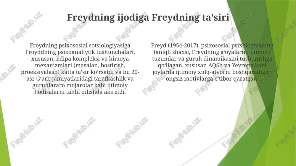 chi jahon urushidan oldingi yevropa) ijtimoiy tuzilmalarning (masalan, sinf, oila) shaxsning ruhiy rivojlanishiga ta'sirini o'rganadi. freydning psixoanalitic sosiologiyasining asosiy tamoyillari uning yondashuvi psixoanalitic tushunchalarni (bostirish, bo'linish) sosiologik nazariyalar (hokimiyat dinamikasi, ijtimoiy nazorat) bilan birlashtirib, travmaning turli madaniy kontekstlardagi (germaniya, isroil, aqsh) ijtimoiy o'zaro ta'sirlarga (masalan, oilaviy munosabatlar, guruh xulqi, guruhlararo munosabatlar) ta'sirini tahlil qiladi fraydning asosiy g'oyasi – ishonchsizlik travmasi, ya'ni ishonchli shaxslar (ota-onalar, institutlar) tomonidan yetkazilgan zarar; ishonch, bog'lanish va o'zlikni anglash rivojiga ta'sir (masalan, aqshdagi bolalar zo'ravonligi, muayyan jamoalardagi oilaviy sirlar) freyd nazariyasining qo'llanilishi froyddning xiyonat travmasi nazariyasiga asoslangan psixoanaliytik sotsiologiya jamiyat travmasini bostirish, inkor etish (2 komponent) orqali kollektiv xotiraga (masalan, xolokost, ruanda genotsidi) ta'sirini tushuntiradi. freyed nazariyasi, 8 asosiy tushunchadan iborat bo'lib, turli ijtimoiy tuzilmalarda (masalan, oila, ta'lim, travmaning 5 asosiy elementi) hokimiyat munosabatlarini (masalan, ish joyidagi ta'qib, zulmning 3 bosqichli modeli) tahlil qilishda qo'llaniladi. turli sohalarni o'z ichiga oladi: klinik psixologiya (4 ta terapevtik usul), …