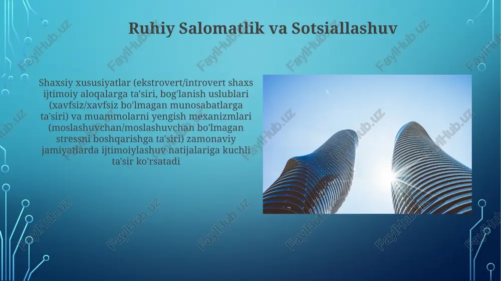 tlari) sezilarli darajada ta'sir qiladi globalizatsiyaning ta'siri hozirgi jamiyat (2000-hozir) oʻzaro bogʻliqlik (internet, global savdo) va boʻlinish (milliylik, populism)ni namoyon etadi. ijtimoiy harakatchanlik darajasi davlatlar boʻyicha keskin farq qiladi (aqsh va skandinaviya mamlakatlari), ta'limga kirish (oecd ma'lumotlari) va ijtimoiy tarmoqlar (silicon valley ta'siri) ta'siridagi tengsizlikni aks ettiradi raqamli davrda tengdosh bosimi oila tuzilmalari va ijtimoiylashuv ommaviy axborot vositalari (televiziya, internet, 24/7 yangiliklar sikllari) qadriyatlar va e'tiqodlarni shakllantiradi, dunyo bo'ylab turli madaniyatlarda (masalan, aqshdagi ispan jamoalari, avstraliyadagi mahalliy aholi) ijtimoiylashuvga ta'sir qiladi yoshlik guruhlari (13-19 yosh), ijtimoiy tarmoqlar (facebook, instagram) va shaharlardagi maktab muhitlari (o'rta, oliy o'quv yurtlari) orqali o'z-o'zini hurmat qilish va xulq-atvorga ta'sir ko'rsatib, shaxs shakllanishiga katta ta'sir ko'rsatadi. raqamli muloqot eksponentsial ravishda o'sib, moslashuvchanlik va isyonni kuchaytiradi. e'tiboringiz uchun rahmat @taqdimot_robot image3.jpg image4.jpg image5.jpg image6.jpg image7.jpg image8.jpg image9.jpg image10.jpg image11.jpg image12.jpg image13.jpg image14.jpg image15.jpg image16.jpg image17.jpg image18.jpg image19.jpg image2.png