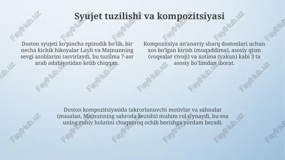 tda, balki musiqa va tasviriy san’atda ham seziladi. ushbu san'atlarda dostonning 12 sahnalari aks ettirilgan. “layli va majnun” dostonining ta’siri navoiyning “xamsa”si kabi keyingi dostonchilarga o’rnak bo’lib, 15-19-asrlarda ko’plab shunga o’xshash asarlar yaratilishiga sabab bo’ldi. ushbu doston sharq adabiyoti an'analarini boyitdi va rivojlantirdi, sevgi mavzusini yangi qirralar bilan ochib berdi. masalan, 16-asrda fuzuliyning versiyasi mashhur bo'lgan. sharq adabiyotida tutgan o'rni “layli va majnun” 12-asrda nizomiy ganjaviy tomonidan yozilgan boʻlib, sharq adabiyotida romantik doston janrining choʻqqisi va oʻziga xos namunasi hisoblanadi. doston sharq adabiyoti, jumladan, alisher navoiyning “xamsa”siga katta taʼsir koʻrsatdi va unda ishqiy iztiroblar, sadoqat kabi 7 asosiy mavzular yoritilgan. “layli va majnun” sharq adabiyotida oʻzining falsafiy va axloqiy mazmuni, insoniy tuygʻularning teranligi bilan ajralib turadi va 30 dan ortiq tillarga tarjima qilingan. dostonning turli nashrlari va tarjimalari "layli va majnun" dostonining ko'plab nashrlari mavjud bo'lib, ularning eng mashhurlari xv-xvi asrlarga tegishli qo'lyozmalardir. bu nashrlar matnning turli xil o'zgarishlarini aks …