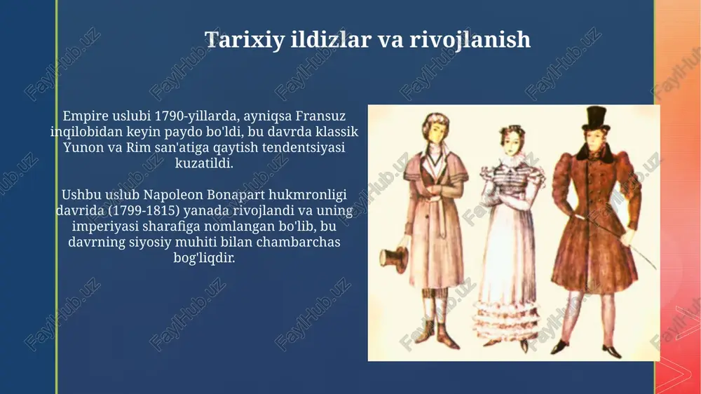 sh kerak. restavratsiya qilishda, iloji boricha original materiallardan foydalanish, tikuvlarni qayta tikish va 100 yildan ortiq tarixga ega bo'lgan matolarga juda ehtiyotkorlik bilan munosabatda bo'lish muhim. xulosa: empire uslubining abadiy jozibasi empire uslubining soddaligi, 1790-yillardan 1820-yillargacha bo'lgan davrda mashhurligi bilan, minimalistik silueti orqali ayollikning abadiy idealini aks ettiradi. empire liboslarining yuqori bel qismi 19-asr boshlarida figura va harakat erkinligini ta'kidlab, bugungi kunda ham dizaynerlarni ilhomlantirmoqda. savollar va javoblar imperiya uslubidagi ko'ylakning qulayligini qanday aniqlash mumkin? asosiy mezonlar: tabiiy matolar, harakatlanish erkinligi va belning ko'krak ostidagi joylashuvining qulayligi 20-asr me'yorlaridan farq qiladi. 19-asrda ko'ylaklarning qanday ranglari urfda bo'lgan? odatda, oq, pastel ranglar va tabiiy bo'yoqlar bilan yaratilgan yengil ranglar mashhur edi, chunki sun'iy pigmentlar hali keng tarqalmagan edi. e'tiboringiz uchun rahmat image4.jpg image5.jpg image6.jpg image7.jpg image8.jpg image9.jpg image10.jpg image11.jpg image12.jpg image13.jpg image14.jpg image15.jpg image16.jpg image17.jpg image18.jpg image2.png image3.png