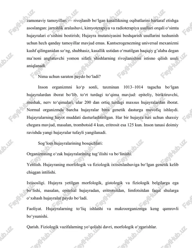 zil, kimyoviy, biologik) ta’siri ostida nazorat qilish funktsiyasi buzilsa, o‘zgargan hujayralar o‘lmaydi, balki o‘sma joyida ko‘payib boradi, biroq, endi organizmga aloqador bo‘lmagan o‘zlarining dasturlari bilan. muhim farq shundaki, mutatsiyaga uchragan hujayralar ixtisoslik va keyingi bosqichlariga yetib bormaydi, ularning dasturlashtirilgan o‘limi (apoptoz) sog’lom organizmning yagona qonunlariga bo‘ysunmaydi. organizmdagi o‘smaning bosqichlari giperplaziya yoki ortiqcha yetilmagan hujayralarning shakllanishi; yaxshi sifatli shish paydo bo‘lishi; ushbu bosqich: saratonning ba’zi shakllarida bu bosqich bo‘lmasligi mumkin, jarayon giperplaziyasiz birdan displaziya bosqichiga o‘tishi mumkin; patogenez davom etmasligi, shu bosqich yakuniy bosqich bo‘lishi mumkin. yaxshi o‘simta asta sekin o‘sadi, metastaz kuzatilmaydi, xavf faqatgina o‘simta atrofdagi asab tolalari, qon tomirlarini ezib qo‘yishi holatlarida paydo bo‘ladi. displaziya. o‘zgargan hujayralarning patologik o‘sishini davom etishi va kuchayishi. yaxshi sifatli o‘smani yomon sifatli o‘smaga aylanishi — bu malignizatsiya deb ataladi. saraton oldi holati — bu chegara holati bo‘lib, shish rivojlanib bo‘lgan, ammo regress yuz berishi mumkin. ushbu holatdagi hujayralarning yana bir muhim xususiyati — …