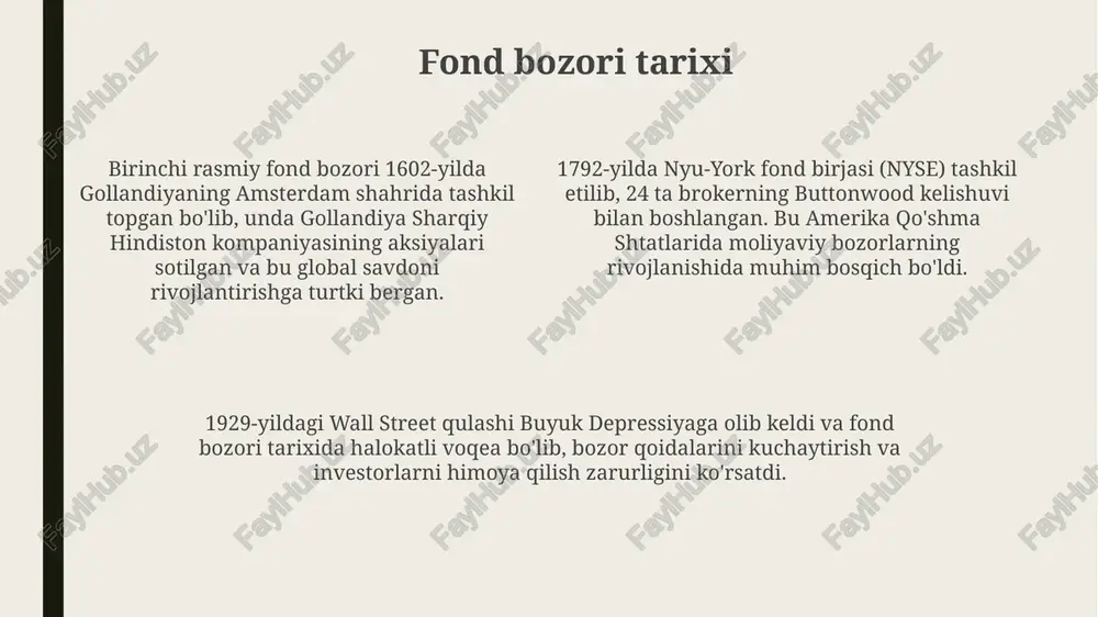i bashorat qilishga harakat qiladi. fundamental tahlil uzoq muddatli investitsiyalar uchun foydali, texnik tahlil esa qisqa muddatli savdo imkoniyatlarini aniqlashda, masalan, rsi 70 dan oshganda sotish signali kabi, qo'llaniladi. xavflar va investitsiya strategiyalari aksiyalarga investitsiya qilishda xavflar, jumladan, bozor xavfi (10% dan ortiq pasayish), likvidlik xavfi (30 kunda sotish qiyin), va kompaniya xavfi (daromad 25% ga kamayishi) mavjud. qiymatli qog'ozlarni sotib olish va ushlab turish strategiyasi uzoq muddatli (5-10 yil) investorlar uchun mos, dividendlar va kapitalning o'sishi bilan 12% daromad olish imkonini beradi. diversifikatsiya strategiyasi portfel xavfini kamaytiradi, chunki turli sohalardagi (it, energetika, farmatsevtika) aktivlarga 20% dan 40% gacha investitsiya kiritish variativlikni kamaytiradi. global bozorlar va iqtisodiyotga ta'siri global bozorlardagi moliyaviy inqirozlar domino effektini keltirib chiqarishi mumkin, bunda bir mamlakatdagi muammolar boshqalarga tarqaladi, natijada global iqtisodiy pasayish sodir bo'lishi mumkin, misol uchun 2008-yilgi inqiroz. global bozorlar xalqaro kapital harakatini osonlashtiradi, bu esa rivojlanayotgan mamlakatlarga investitsiya kiritish orqali iqtisodiy o'sishni rag'batlantiradi …