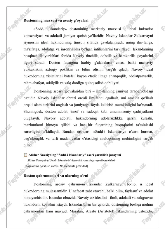 otining yakuni emas, balki uning adolatli va donishmand hukmdor sifatidagi merosining davomi sifatida talqin etiladi. syujetning kompozitsion tuzilishi dostonning g'oyaviy mazmunini ochishga xizmat qiladi. har bir epizod asosiy g'oyani mustahkamlaydi va uning kengroq ma'nosini ochib beradi. 📊 alisher navoiyning "saddi iskandariy" asari statistikasi ushbu statistika "saddi iskandariy" asarining syujeti, kompozitsiyasi va adabiy san'atlari bilan bog'liq asosiy ma'lumotlarni ko'rsatadi. epizodlar soni (taxminan) 350+ asarda uchraydigan turli epizodlar soni. aniqlik matn tahliliga bog'liq. asosiy qahramonlar soni (taxminan) 50+ iskandar zulqarnayn va uning atrofidagi asosiy shaxslar soni. bunga donishmandlar, sarkardalar va boshqalar kiradi. nasriy va nazmiy qismlarning nisbati 1:9 asarning nasriy qismlarining nazmiy qismlariga nisbati. asosan, she'riy asar ekanligini ko'rsatadi. tazod (antiteza) ishlatilish darajasi yuqori yaxshilik va yomonlik, adolat va zulm kabi qarama-qarshi tushunchalarni ifodalash uchun tazod san'atining qo'llanilishi. murakkab tashbehlar soni (taxminan) 100+ asarda mavjud bo'lgan murakkab va ko'p qirrali tashbehlar soni. badiiy san'atlar va tasvir vositasi navoiy «sadd-i iskandariy» dostonida turli …