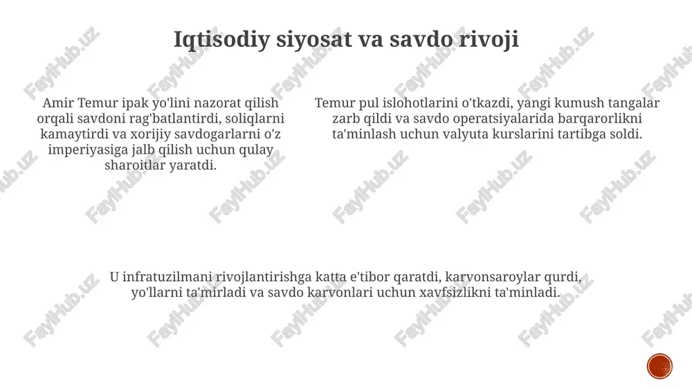 iyada qat'iy ierarxiyani o'rnatdi, har bir viloyatga tayinlangan hokimlar temurga shaxsan hisobot berishlari shart edi, bu esa markaziy nazoratni ta'minladi. temur kodeksi: adolat va boshqaruv tamoyillari «temur kodeksi» 12 ta asosiy tamoyilni o‘z ichiga olgan bo‘lib, ularning har biri jamiyatda adolat va tartibni o‘rnatishga qaratilgan. bu tamoyillar hukmdorning burchlari va xalq bilan munosabatlarini belgilab bergan. ushbu kodeksda qo'shinni boshqarish, soliqlarni adolatli yig'ish va savdoni rivojlantirish kabi 10 ta asosiy yo'nalish bo'yicha qoidalar mavjud bo’lib, bu imperiyaning barqarorligini ta'minlagan. «temur kodeksi»da qonun ustuvorligi va har bir fuqaroning huquqlari himoya qilinishi ta'kidlangan; 3 darajali sud tizimi adolatni ta'minlash uchun yaratilgan, bu esa muhim ahamiyatga ega. temuriylar davri: uyg'onish va yuksalish temuriylar davrida samarqand 14-15-asrlarda buyuk ipak yo'lining muhim markaziga aylandi, hunarmandchilik, savdo va madaniyatni rivojlantirdi, bu esa shaharning gullab-yashnashiga hissa qo'shdi. mirzo ulug'bek astronomiya sohasida katta yutuqlarga erishdi, 1420-yilda samarqandda rasadxona qurdi va "ziji jadidi ko'ragoniy" astronomik jadvalini yaratdi, bu fanga qo'shgan …