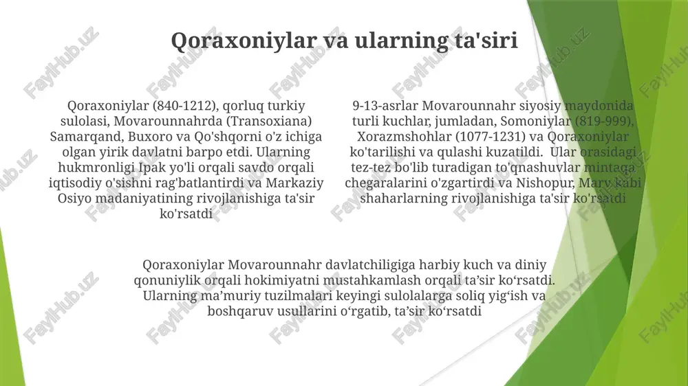 va yer egaligi tizimini yaratdilar abbasid xalifaligining merosi 9-13-asrlar davomida abbasid xalifaligining movarounnahrga ta'siri samarqand, buxoro, marv va xorazmni o'z ichiga olgan hududlarni boshqargan kuchli samoniylar, qoraxoniylar va xorazmshohlar sulolalarining yuzaga kelishiga, ipak yo'li savdosi orqali shaharlarning rivojlanishi va iqtisodiy o'sishga olib keldi markaziy osiyo davlatchiligi bu davrda forsiy va turkiy madaniyatlar oʻrtasidagi murakkab oʻzaro taʼsirlar natijasida noyob siyosiy tuzumlarni vujudga keltirdi. masalan, somoniylar (819-999) katta shahar markazlarida asosan turkiy aholini boshqargan holda forsiy madaniyatini va ilm-fanini homiylik qilishgan movarounnahrning ix-xiii asrlardagi iqtisodiy farovonligi dehqonchilik (bug'doy, guruch, paxta), murakkab sug'orish tizimlari va xitoy, hindiston va yaqin sharqni bog'laydigan daromadli ipak yo'li savdosiga tayanardi. samarqand va buxoro kabi yirik shaharlar muhim savdo markazlari bo'lib xizmat qilgan samoniylar davlati ko'tarilishi 1005-yilda somoniylar davlati qulagandan so'ng, movarounnahr qoraqoniylar, seljuqiylar va xorazmshohlar kabi hukmdorlarning davrini boshdan kechirdi. har biri mintaqaning siyosiy holatini, iqtisodiy rivojlanishini va madaniy taraqqiyotini o'ziga xos ta'sir qildi iqtisodiy tuzumlar va …
