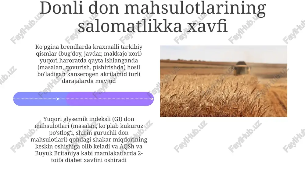 onli don mahsulotlarining foydalari mustahkamlangan don mahsulotlari temir (8-18mg), b12 vitamini (2 don mahsulotlari ishlab chiqarish g'alla qayta ishlash: kansasda yiliga 200 000 tonna bug'doyni tozalash (1), ayovada 50 000 bush korni maydalash (2) va optimal maydalash uchun namlikni 14-16% ga yetkazish (3) kelajakdagi don mahsulotlari jahon don mahsulotlari bozori 2028-yilga borib, osiyo-tinch okeani mintaqasidagi 3% lik yillik o'sish sur'ati (yao) hisobiga, xususan hindiston va xitoyda daromadlarning oshishi va qulay nonushta variantlariga bo'lgan talabning o'zgarishi tufayli 110 milliard dollarga yetishi kutilmoqda. shaxsiylashtirilgan ovqatlanish asosiy trend: g'arbiy yevropa va avstraliya kabi hududlarda vitaminlar, probiyotiklar (masalan, bifidobacterium, lactobacillus) bilan boyitilgan va ma'lum ovqatlanish ehtiyojlariga (masalan, yuqori proteinli, past glykemik indeksli) moslashtirilgan funksiyonal don mahsulotlarining o'sishi. don va atrof-muhit e'tiboringiz uchun rahmat @taqdimot_robot image4.jpg image5.jpg image6.jpg image7.jpg image8.jpg image9.jpg image10.jpg image11.jpg image12.jpg image13.jpg image14.jpg image15.jpg image16.jpg image17.jpg image18.jpg image19.jpg image20.jpg image1.jpeg image2.jpeg image3.jpeg