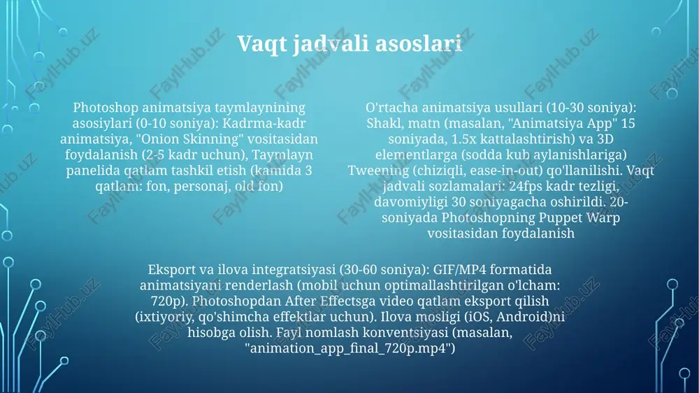 iljitish) silliq animatsiya uchun muhimdir namoyish va resurslar photoshopda animatsiya dasturlarini yaratishda takrorlanuvchi vazifalarni avtomatlashtirish uchun action skriptlaridan foydalanish, ko'p kadr va elementlarga ega murakkab loyihalarda vaqtni tejashga yordam beradi. tashqi resurslardan (the noun projectdan ikonkalar, google fontsdan shriftlar) foydalanib, ularni animatsiya loyihasiga muvaffaqiyatli integratsiya qilishni ko'rib chiqing photoshop'ning animatsiya imkoniyatlari vaqt jadvali, qatlamlar (shu jumladan sozlash qatlamlari) va kadrma-kadr texnikalarini 2d animatsiya uchun qo'llaydi. eksport qilish variantlari gif, video formatlar (mp4, avi) va veb-optimallashtirilgan fayllarni (masalan, youtube, vimeo platformalari uchun) o'z ichiga oladi muvaffaqiyatli loyihalar (masalan, tushuntirish videolari, qisqa animatsion reklamalar yoki ijtimoiy media kontenti) rejalashtirishni (storyboarding, asosiy kadrlarni rejalashtirish) va photoshop vositalaridan samarali foydalanishni (qo'g'irchoq bukish vositasi, erkin o'zgartirish va qatlam niqoblari) talab qiladi animatsiya uchun qatlam manipulyatsiyasi fayl hajmini optimallashtirish photoshopdagi "veb uchun saqlash (eski versiya)" (yoki "saqlash") funksiyasi jpeg, gif, png-8 va png-24 variantlarini taklif etadi; rasm o'lchamlarini kamaytirish (masalan, 4000x3000 pikseldan 1000x750 pikselgacha) fayl hajmini …