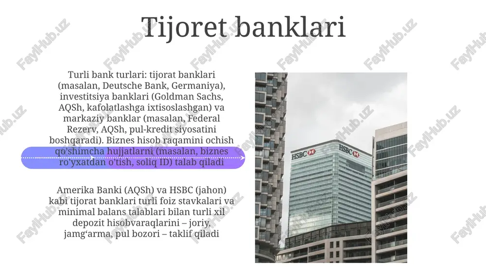 qilinadi. hisob turlari (tekşiruv, jamg'arma, pul bozori) turlicha foiz stavkalari va xususiyatlariga ega kommersiya banklari (masalan, bank of america, citibank) omonatlarni (tekşiruv, jamg'arish, cdlar) qabul qiladi, kreditlar (ipoteka, shaxsiy, tijorat) beradi va turli moliyaviy xizmatlarni taklif etadi. zaxira talablari (qisman zaxira banki) likvidlikka ta'sir qiladi bank asoslari depozit hisob ochish uchun shaxsni tasdiqlovchi hujjat (haydovchilik guvohnomasi, pasport), ijtimoiy sug'urta raqami, boshlang'ich depozit (miqdori muassasaga va hisob turi bo'yicha farq qiladi) hamda hisob ochish anketasini to'ldirish (manzil tasdiqlash, ish joyi haqida ma'lumot) talab etiladi e'tiboringiz uchun rahmat @taqdimot_robot image4.jpg image5.jpg image6.jpg image7.jpg image8.jpg image9.jpg image10.jpg image11.jpg image12.jpg image13.jpg image14.jpg image15.jpg image16.jpg image17.jpg image18.jpg image1.jpeg image2.jpeg image3.jpeg