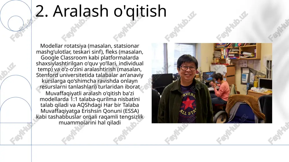 a oshirish (differensiatsiyalashgan ta'lim strategiyalari va texnologiyalarni integratsiyalashga qaratilgan professional rivojlantirish) va resurslar (turli xil o'quv materiallari, texnologiyalarga kirish, kichikroq sinflar)ni talab qiladi shaxsiylashtirilgan o'qitish (sho) turli o'quvchilar ehtiyojlariga (masalan, vizual, auditoriy, kinestetik) moslashtirilgan farqlovchi ta'limni qo'llaydi. sho texnologiya (adaptiv dasturlar, canvas yoki moodle kabi lms) va ma'lumotlar tahlili (o'quvchilarning natijalarini kuzatish, shaxsiylashtirilgan fikr-mulohazalar) dan foydalanadi 16.o'z-o'zini o'qitish sdl tizimi o'quvchining mustaqilligi asosida qurilgan bo'lib, ichki motivatsiyani (maslow ierarxiyasi, 4-daraja) va metakognitiv ko'nikmalarni (rejalashtirish, mulohaza yuritish, progressni kuzatish; kaliforniya universiteti, berklida 2022 yilda o'tkazilgan tadqiqotda 70% yaxshilanish) rivojlantiradi 17.ustozlik ta'limi shakllantiruvchi baholar (testlar, florida sinflaridagi 5 savolli kichik testlar) doimiy fikr-mulohazalarni ta'minlaydi, bu o'qituvchilarga darsni moslashtirishga (masalan, nyu-yorkdagi p.s. 123 maktabida turli o'quvchilar uchun farqlovchi mashg'ulotlar) va yakuniy baholash (masalan, bo'lim yakunida testlar)dan oldin bilimni mustahkamlashga imkon beradi. muvaffaqiyatli amalga oshirish uchun tuzilgan o'quv bloklari (masalan, ucladagi tarix darsida semestrga 10 ta blok), aniq belgilangan o'quv maqsadlari (masalan, talabalar kvadrat …