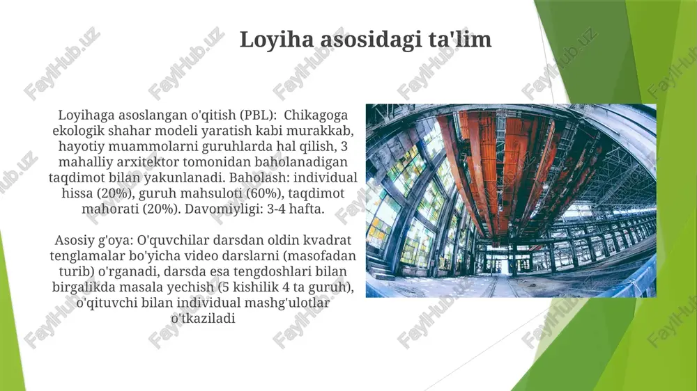 o'zgaradi. masalan, teskari sinf modeli darsdan oldin video ma'ruzalardan (kvadrat tenglamalar bo'yicha khan academy videolari) keyin sinfda masalalar yechish mashg'ulotlarini (darslikdagi 2.1-2.4 bo'limlaridan 10 ta masalani yechish) o'z ichiga olishi mumkin tuzilgan darslar 5e modeli (jalb qilish, o'rganish, tushuntirish, boyitish, baholash) kabi turli modellardan foydalanib, mashg'ulotlar, muhokamalar va taqdimotlarni o'z ichiga oladi tajriba asosidagi darslar turlari dars tuzilmasi: kirish (5 daqiqa), asosiy qism (3 ta mashq bilan 25 daqiqa), amaliyot (2 ta mashq bilan 10 daqiqa), baholash (1 ta test bilan 5 daqiqa), yakunlash (3 ta asosiy fikrning xulosasi bilan 5 daqiqa) darslarda texnologiyalardan foydalanish mayami, florida shtatidagi 7 boshlangʻich maktabda mikro-oʻqitish, aralash oʻqitish va shaxsiylashtirilgan oʻquv yoʻllari (khan academy, ixl) qoʻllanilishi natijasida oʻquvchilarning natijalari sezilarli darajada yaxshilandi (nazorat guruhlariga nisbatan 25% yuqori). maʼlumotlar tahlili (oʻquvchilarning taraqqiyotini kuzatish) qoʻllanildi. texnologiya integratsiyasi (masalan, interaktiv doskalar, planshetlar, moodle platformasi 20 dan ortiq sinfxonada) dars berishni yaxshilaydi (masalan, simulyatsiyalar, amazon o'rmoniga virtual sayohatlar), …