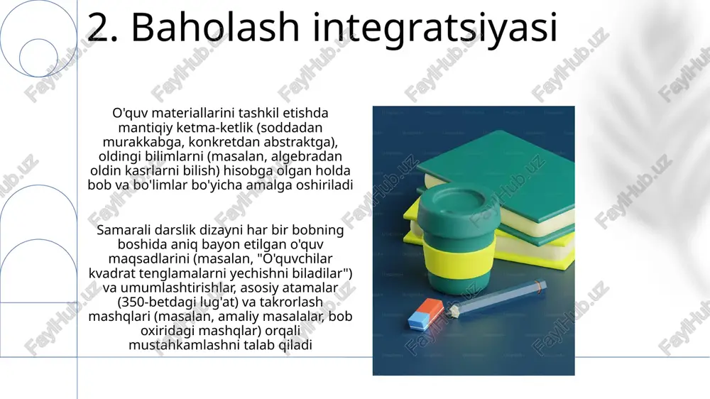 alan, "bu bobni o'qigandan so'ng, talabalar .. 12.interaktiv elementlar biologiya asoslari darsligiga kiritilgan interaktiv mashqlar (masalan, 20 ta test savoli, 5 ta sudrab qo'yish topshirig'i, 3-bob bo'yicha takrorlash o'yini) blum taksonomiyasi darajalariga (bilim, tushunish, qo'llash, tahlil) mos ravishda joylashtirilgan. 13.ketma-ketlik va temp ma'lumotni o'zlashtirish sur'ati fan va sinf darajasiga bog'liq (masalan, hujayra nafas olishini o'rgatadigan oliy maktab biologiya darsligi 3-sinfdagi kapalak hayoti sikli haqidagi fan kitobiga qaraganda batafsilroq diagrammalar bilan sekinroq tempda o'tilishi kerak) mavzularning mantiqiy ketma-ketligi (masalan, 5-sinf matematika darsligida kasrlarni o'nlik kasrlardan oldin o'tish) juda muhim 14.kirish imkoniyati va inklyuzivlik 200 sahifali darslikda turli o'quvchilar (neyro-xilma-xillik, nogironlik, madaniy kelib chiqishi) namunalar, stsenariylar va tasvirlarda aks ettirilishi; har bir bobga qo'shimcha ravishda 5 ta interaktiv mashq bilan birlashtirilgan ko'p tilli (ispan, fransuz) lug'at. barcha 12 bob uchun 3 ta o'quv darajasida (boshlang'ich, o'rta, yuqori) turli formatlarda (masalan, audio, brayl, katta shrift) turli geografik hududlardan (aqsh, buyuk britaniya, yaponiya) misollar …
