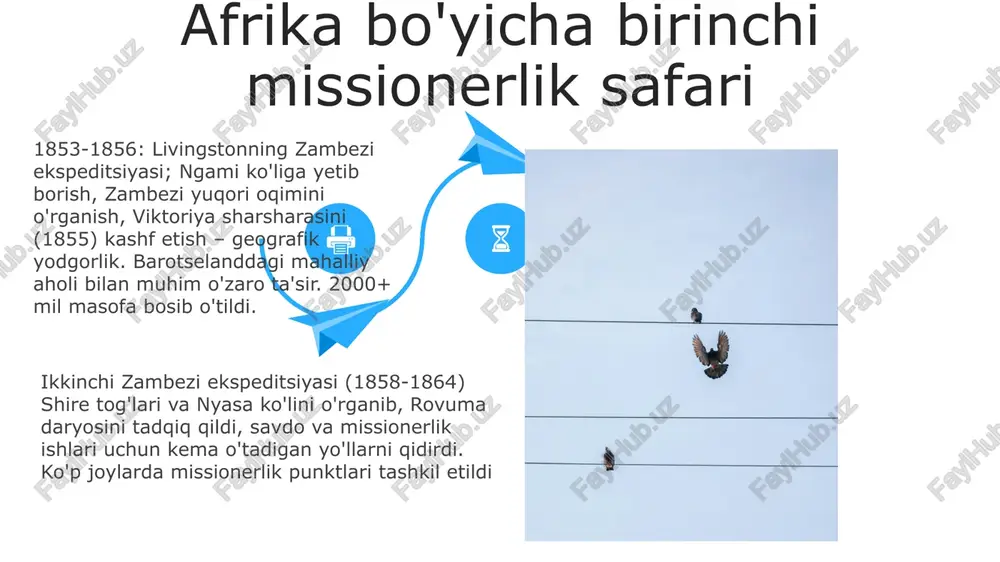 aqin baliq turi va ko'p hayvonot dunyosi (begemot, timsohlar) bilan boy ekosistemasi, kebrabasa sharsharalari kabi tez oqimlar bilan birga, navigatsiya qilishda qiyinchiliklar tug'dirdi. u kanoe va bug'li kemalardan foydalanib, mahalliy madaniyatlarni hujjatlashtirdi va savdo aloqalarini o'rnatdi. livingstonening 1851-yilgi zambezi ekspeditsiyasi seshekedan hindiston okeanigacha 1600 km masofani o'lchab, batoka darasi va viktoriya sharsharasini (1855) topdi. kafue va shire daryolari kabi ko'plab irmoqlarni xaritaga tushirdi va 19-asrda janubiy afrikaning geografik bilimlariga ta'sir ko'rsatdi. ngami ko'li ekspeditsiyasi 1849-yil avgustda livingston ngami ko'lini (taxminan 1800 kv.km) topib, uning taxminiy o'lchamini va joylashuvini aniqladi, suv sathi va atrofdagi o'simliklarni hujjatlashtirdi 1849: devid livingstonning ngami ko'liga ekspeditsiyasi: janubiy afrikaning kuruman shahridan 1000 km dan ortiq masofani bosib o'tib, ngamilanddagi (hozirgi botsvana) o'sha paytda noma'lum bo'lgan ngami ko'liga yetdi; kalahari cho'li, okavango daryosining irmoqlari va turli bantu qabilalari bilan uchrashdi uning 1866-71 yillardagi nilning manbasini izlovchi ekspeditsiyasi bangveulu ko'li (zambiya) va mveru ko'liga (zambiya/kdr chegarasi) yetdi, markaziy …