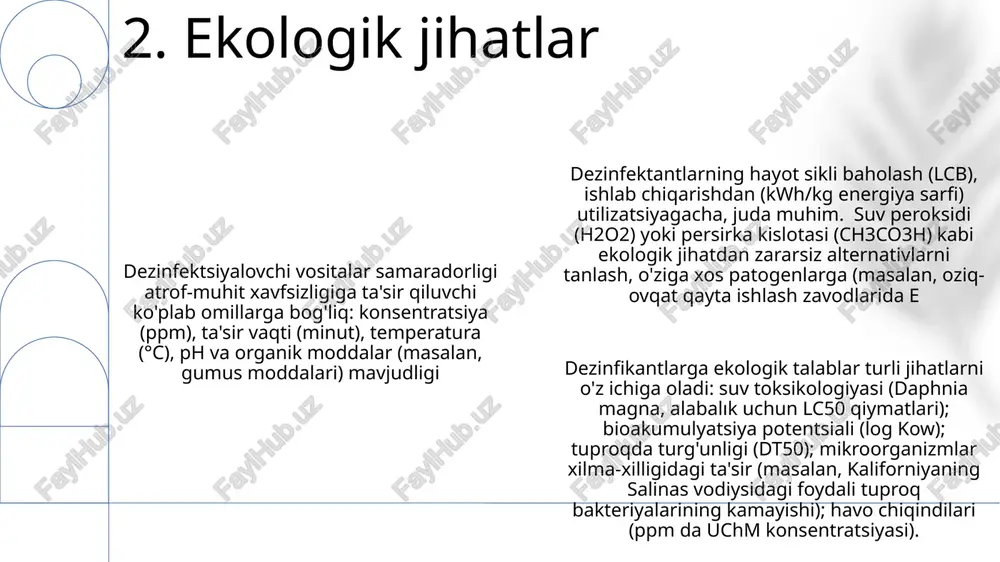 s aureus, pseudomonas aeruginosa, salmonella enterica ga qarshi) talab qiladi, ularni qo'llanilish sohasiga (masalan, kasalxona, oziq-ovqat qayta ishlash) qarab tasniflaydi va yorliqdagi ma'lumotlar hamda qo'llash protokollariga ta'sir qiladi 7. tartybga soluvchi jihatlar cdc ko'rsatmalariga ko'ra, samarali virusni yo'q qilish uchun kamida 60% etanol yoki 70% izopropanolli dezinfektsiyalovchi vositalar tavsiya etiladi. kasalxonalar, maktablar va jamoat transportida qo'llashda to'g'ri shamollatish (osha ko'rsatmalari) juda muhim, havodagi ta'sir xavfini kamaytiradi har bir dezinfektsiyaga oid qo'llanma, saqlash va birinchi tibbiy yordam bo'yicha muhim ma'lumotlarni ghs standartlariga muvofiq xavfsizlik ma'lumotlari varaqalarida (xmv) topishingiz mumkin. ishlatilgan dezinfektsiyalarni mahalliy qoidalarga muvofiq tashlang (shahar hokimiyatining chiqindi boshqaruv bo'limiga murojaat qiling) suyuqlantirish juda muhim: barcha dezinfektsiyalovchi vositalar uchun (masalan, 1:100 nisbatdagi oqartiruvchi eritmalar) ishlab chiqaruvchining ko'rsatmalariga aniq rioya qiling. epa ro'yxatidan o'tgan mahsulotlar (n-ro'yxati) turli muhitlarda, shu jumladan uylar, ofislar va tibbiyot muassasalarida ko'plab patogenlarga qarshi keng ko'lamli samaradorlikni ta'minlaydi 8. xavfsizlik choralari xlorli oqarish baʼzi viruslarga (masalan, norovírusga) samarasiz; …
