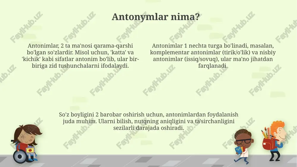 mumkin, bu esa leksikologik tahlilning muhim qismidir. savol-javob savol-javob sessiyalari darsning 10-15 foizini tashkil etib, o'quvchilarning tushunish darajasini baholash va mustahkamlash uchun 2-3 turli savol usullaridan foydalanadi. savol-javoblar 5w1h (kim, nima, qachon, qayerda, nega, qanday) kabi savol turlaridan foydalanib, mavzuni 360 daraja qamrab olishga yordam beradi. savol-javob jarayonida javoblarni 3 turga bo'lish mumkin: to'g'ri javoblar, qisman to'g'ri javoblar va noto'g'ri javoblar, har bir tur uchun alohida yondashuv zarur. e'tiboringiz uchun rahmat image6.png image1.png