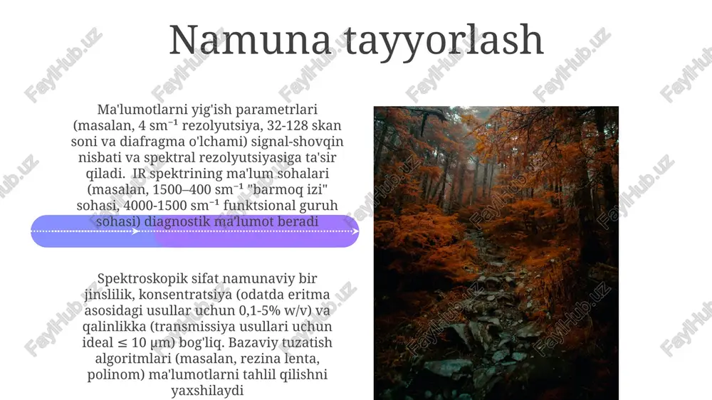 ning tebranishlari paytida dipol momenti o'zgarishlaridan kelib chiqadi polimer kimyosidagi qo'llanmalar bir-lambert qonuniga asoslangan miqdoriy tahlil qoʻllaniladi; xususiy polimer komponentlari uchun xarakterli choʻqqilarning yutilishini oʻlchash aralashmalardagi (masalan, abs, san kopolimerlari) konsentratsiyani aniqlash imkonini beradi. bu reaksiya stexiometriyasini (masalan, polikondensatsiya reaksiyalarida) optimallashtirish va mahsulot xususiyatlarining izchilligini ta’minlashda muhim ahamiyatga ega infraqizil spektroskopiyaga kirish ir spektroskopiyasi asboblari manba (masalan, nernst nurlantiruvchi, globar), monoxromator (muayyan to'lqin uzunliklarini tanlash uchun), namunaviy kyuta (masalan, kbr tabletka, suyuqlik plyonkasi) va detektor (masalan, termojuft, piroelektrik detektor) dan iborat. miqdoriy tahlil beer-lambert qonunini qo'llab, yutilishni konsentratsiyaga bog'laydi namuna tayyorlash namuna holatiga bog'liq. qattiq moddalar kbr pelletlari (kaliy bromid bilan aralashtirib), maydalangan (nujol bilan maydalab) yoki yupqa plyonkalar sifatida tayyorlanishi mumkin. suyuqliklar toza suyuqliklar yoki eritmalar sifatida mos xujayralar yordamida tahlil qilinadi e'tiboringiz uchun rahmat @taqdimot_robot image4.jpg image5.jpg image6.jpg image7.jpg image8.jpg image9.jpg image10.jpg image11.jpg image12.jpg image13.jpg image14.jpg image15.jpg image16.jpg image17.jpg image18.jpg image19.jpg image20.jpg image1.jpeg image2.jpeg image3.jpeg