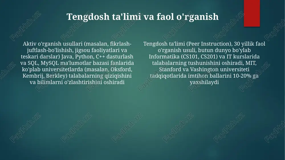 liyot (hackerrank, leetcode kabi platformalarda graf nazariyasi va dinamik dasturlash kabi sohalardagi masalalarni o'z ichiga olgan kodlash vazifalari) informatika fanida baholash strategiyalari mitda kiberxavfsizlik kursi (20 talaba)da talabalar tarmoqqa bostirib kirish, zararli dasturlarni tahlil qilish (wireshark kabi vositalar yordamida) va raqamli sud ekspertizasini o'z ichiga olgan real vaziyatlarni hal qilish uchun guruhlarda (4-5 kishi) ishlaydi stanford universiteti talabalari (n=25) 10 hafta davomida agile metodologiyasidan foydalanib, mobil ilovani (android/ios) yaratdilar. baholashda tengdoshlar sharhi (funksionallik, kod sifati, dizayn va hujjatlashtirish bo'yicha ballar), mijozlarga taqdimot va versiya boshqaruv (git) jurnallari orqali baholanadigan individual hissalar ishtirok etdi shakllanuvchi baholash: kaliforniya universiteti, berklida dasturlashga kirish (python, java) darslarida haftasiga 2-3 ta qisqa test orqali talabalarning ma'lumot tuzilmalari, algoritmlar (masalan, ikkilik qidiruv) va obyektga yo'naltirilgan dasturlash tushunchalarini ko'p tanlovli savollar va kodlash mashqlari (5-10 qator) orqali baholash it sohasida so'rov-asosli o'rganish axborot texnologiyalarida (it) so'rovga asoslangan o'qitish (ibl) muammolarni yechishga asoslangan; dunyoning 15 dan ortiq universitetlarida …