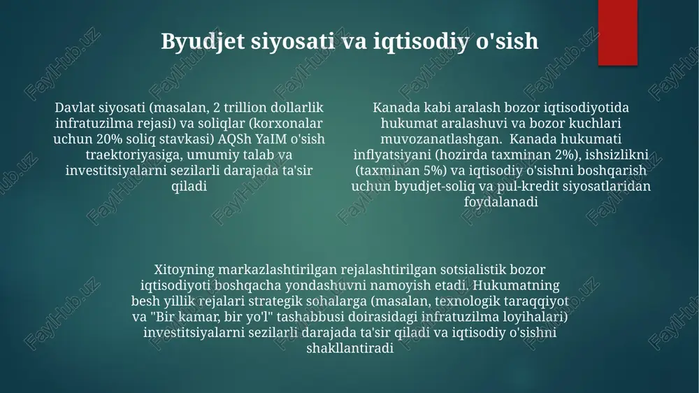 gi qonuni bo'yicha soliqlarni kamaytirish) va pul-kredit siyosati (masalan, federal rezerv tomonidan foiz stavkalarini o'zgartirish) iqtisodiy faoliyatga ta'sir qiladi davlat xarajatlari (masalan, aqshda 2 trillion dollarlik infratuzilma) multiplikator effektlar orqali iqtisodiy o'sishga ta'sir qiladi, yaimga (masalan, buyuk britaniyada 1,5% o'sish) va bandlikka (masalan, germaniyada 100 000 ish o'rni yaratilishi) ta'sir qiladi e'tiboringiz uchun rahmat @taqdimot_robot image1.png image2.png image3.png image4.png image5.png image6.png image7.png image8.png image9.png image10.png