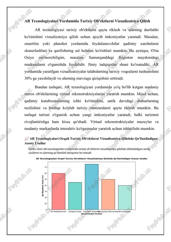 shiradi. 📋 ar orqali interaktiv tarixiy tajribalar yaratish jarayoni ar texnologiyalaridan foydalangan holda tarixni interaktiv tarzda jonlantirish jarayoni. [diagramma qo'shish xatosi: no elements provided] ar-ning ta'limiy dasturlarda qo'llanilishi ar texnologiyasi ta'limiy dasturlarda tarixiy jarayonlarni interaktiv tarzda ko'rsatish uchun ishlatilishi mumkin. masalan, maktab o'quvchilari ar ilovasi yordamida qadimiy sivilizatsiyalarning paydo bo'lishi va rivojlanishini, urushlarning borishini yoki muhim siyosiy voqealarni virtual tarzda kuzatishlari mumkin. bunday interaktiv darslar o'quvchilarning mavzuga qiziqishini orttiradi va ularning bilimlarini mustahkamlaydi. statistik ma'lumotlar shuni ko'rsatadiki, ar bilan integratsiyalashgan darslarda o'quvchilarning ishtiroki 40% ga oshadi. ar, universitetlarda ilmiy tadqiqotlarni qo'llab-quvvatlash uchun ham ishlatilishi mumkin. tarixchilar va arxeologlar ar ilovalari yordamida qadimiy qo'lyozmalarni o'rganishlari, xarobalarni rekonstruksiya qilishlari va tarixiy voqealarning virtual simulyatsiyalarini yaratishlari mumkin. bu tadqiqotchilarga yangi faktlarni aniqlashga va tarixiy voqealarni chuqurroq tushunishga yordam beradi. bundan tashqari, ar ilovalari yordamida yaratilgan ilmiy ishlar jamoatchilikka taqdim etilishi mumkin, bu esa tarix fanining ommalashuviga hissa qo'shadi. bundan tashqari, ar orqali talabalarga …