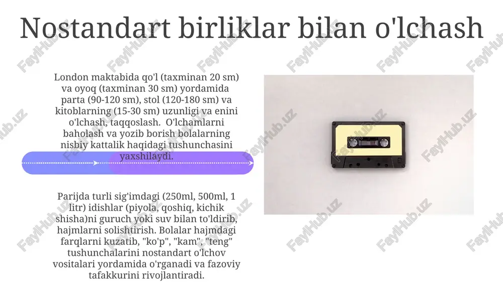 azoviy fikrlashni mustahkamlaydi bolalar bo'yini (masalan, 100sm, 110sm, 120sm) solishtirish va qisqadan balandga qarab terish, shuningdek, uy buyumlari (200ml stakan, 500ml shisha, 1l krug) yordamida hajmni solishtirish va tartiblash. to'g'ridan-to'g'ri solishtirish: yonma-yon 01 02 5 sm oralikdagi belgilar bilan son chizig'idan foydalanish bolalarga o'lcham farqlarini aniqlashga yordam beradi. tokiodagi laboratoriyada bir idishni to'ldirish uchun ikkita 250 ml suv kerak bo'lsa, ikkinchisini to'ldirish uchun esa bitta 500 ml suv yetarli bo'lsa, bu hajmni taqqoslashning yana bir usulidir. sales 1st qtr 2nd qtr 100 0 sales 1st qtr 2nd qtr 100 0 e'tiboringiz uchun rahmat @taqdimot_robot image4.jpg image5.jpg image6.jpg image7.jpg image8.jpg image9.jpg image10.jpg image11.jpg image12.jpg image13.jpg image14.jpg image15.jpg image1.jpeg image2.jpeg image3.jpeg