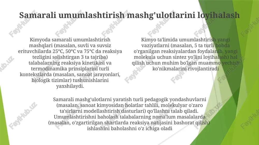 maliy qo'llanilishini (masalan, bakalavriat kimyo kurslari, kasbiy faoliyat) baholash uchun uzunlamasına tadqiqotlar zarur o'qituvchining umumlashtirishni rivojlantirishdagi roli kimyo o'qituvchilari (100+ nafar) turli kontekstlarda (masalan, laboratoriya tajribalari, flint, michigan shahridagi suv tozalash kabi amaliy qo'llanmalar) muammo yechish orqali (masalan, stoxiometriya, muvozanat hisoblashlari) umumlashtirishni rivojlantiradilar. talabalar (har bir guruhda 25 nafar) tushunchalarni yaxshiroq anglashni (p<0 kimyoda umumlashtirish (masalan, ideal gaz qonunini shar inflyatsiyasi yoki nafas olish kabi turli vaziyatlarga qo'llash) muammo yechish va tanqidiy fikrlash ko'nikmalarini sezilarli darajada oshiradi o'qituvchilar texas shtatidagi turli shaharlardagi maktablarda (masalan, tadqiqotga asoslangan o'rganish, kontsept xaritalari) turli pedagogik yondashuvlarni qo'llab, umumlashtirish ko'nikmalarini rivojlantiradilar. muvaffaqiyatli strategiyala (masalan, analogiyalar, ko'p tomonlama tasvirlar, basel, shveytsariyadagi farmatsevtika rivojlanishi kabi hayotiy misollar) o'quvchilarning natijalarini yaxshilaydi (ta'sir hajmi = 0 kimyoda umumlashtirish ta'rifi kimyo ta'limining umumlashtirilishi, stexiometriya (masalan, avogadro soni (6.022 x 10²³) yordamida mol hisoblashlari, limitlovchi reaksiyaga kirishuvchilar va foiz hosil) kabi tushunchalarni qo'llagan holda, turli kimyoviy jarayonlardagi (masalan, germaniyadagi sanoat zavodlarida …