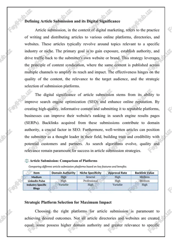 , but prioritize natural language and user intent over forced keyword integration. conduct keyword research to identify relevant terms that your target audience is actively searching for. integrate these keywords strategically throughout the article, including in the title, headings, and body text, without compromising readability or flow. remember, the primary goal is to provide value to the reader, not just to manipulate search engine algorithms. measuring results and refining the submission strategy to assess the effectiveness of an article submission strategy, it's crucial to track key performance indicators (kpis). these metrics can provide valuable insights into the impact of the strategy and inform future optimization efforts. common kpis to monitor include website traffic from referral sources, backlink acquisition, keyword ranking improvements, and social media engagement. google analytics and other web analytics tools can be used to track website traffic and referral sources. backlink monitoring tools, such as ahrefs or majestic …