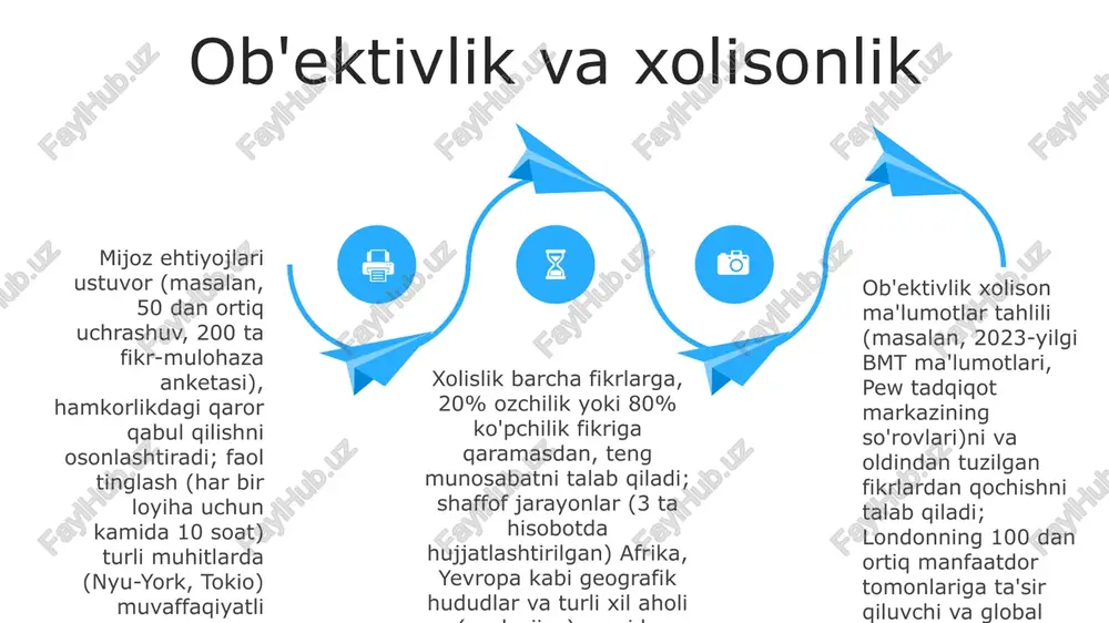 v, ishga tushirish, london/nyu-yorkdagi ishga tushirilgandan keyingi qo'llab-quvvatlash) muhim. doimiy baholash (oylik/choraklik hisobotlar, kpi monitoringi: mijozlar qoniqishi 85%, loyiha bajarilish darajasi 90%) muhim; o'zgarib turuvchi talablarga moslashuvchanlik (masalan, 2 ta doirasining o'zgarishi, byudjetga 5000$ qo'shilishi) muvaffaqiyatli boshqaruv kutilmalariga muhim ahamiyatga ega. 06 05 04 03 02 o'z vaqtida va dolzarb yordam 01 02 24-72 soat ichida tezkor yordam; 50+ mijoz uchun aqshning 3 hududidagi (g'arb, markaziy g'arb, sharqiy sohil) telefon (800-raqamlar), elektron pochta va video konferentsiya (zoom, teams) orqali joyida/masofadan turib xizmat ko'rsatish. mijozning strategik maqsadlariga mos keladigan qo'llab-quvvatlash; ma'lumotlar tahlili (sql, tableau) yordamida oylik kuzatiladigan 2-3 ta asosiy ko'rsatkichni (kpi) aniqlaydi. bu aniq vaqt oralig'ida (choraklik hisobotlar) ijobiy roi ni ko'rsatuvchi 8 dan ortiq amaliy tadqiqotlarni o'z ichiga oladi. 03 mijoz ehtiyojlarini swot tahlili va 3-5 manfaatdor tomon uchrashuvlari orqali ustuvor qiluvchi maslahatchi yordam doimiy yaxshilanish va fikr-mulohaza doimiy yaxshilanish (dy) pdca sikli, kayzen tadbirlari (masalan, toyota ishlab chiqarish …