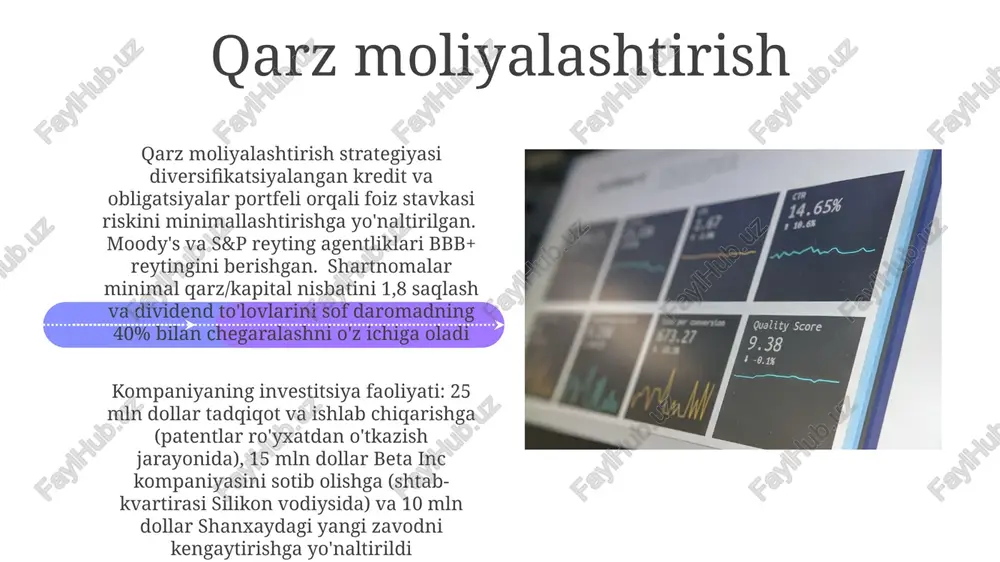 ya qilindi va yevropadagi operatsiyalar samaradorligini oshirdi. xyz corp 2023-yil 3-choragida har bir aktsiyaga 0.50 dollar, jami 15 million dollar dividend to'lagan. bu taqsimot computershare orqali 27-oktabrda amalga oshirildi va 2-chorakdagi 0.45 dollarlik to'lovdan keyin amalga oshirildi. yillik dividend miqdori 2.00 dollar deb taxmin qilingan. e'tiboringiz uchun rahmat @taqdimot_robot image4.jpg image5.jpg image6.jpg image7.jpg image8.jpg image9.jpg image10.jpg image11.jpg image12.jpg image13.jpg image1.jpeg image2.jpeg image3.jpeg