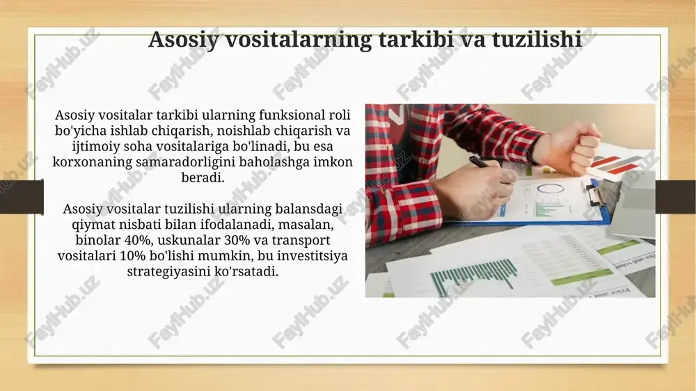 rish quvvati o'zgarishi tahlili, masalan, 10% o'sish, yangi texnologiyalarni joriy etish yoki uskunalarni modernizatsiya qilish natijasida samaradorlik oshganligini ko'rsatadi. moliyaviy tahlil ko'rsatkichlari moliyaviy tahlilda likvidlik ko'rsatkichlari muhim: joriy aktivlarning joriy majburiyatlarga nisbati 2:1 bo'lishi optimal, bu kompaniyaning qisqa muddatli to'lov qobiliyatini aks ettiradi. solvenslik ko'rsatkichlari, xususan, qarzning kapitalga nisbati 0.5 dan past bo'lishi kerak; bu kompaniyaning moliyaviy barqarorligini va qarzga bog'liqligini baholash imkonini beradi. xatarlarni boshqarish strategiyalari xatarlarni boshqarishda moliyaviy xatarlarni kamaytirish uchun sug'urta polisi olish, aktivlarni diversifikatsiya qilish va zaxira kapitalini 15-20% oshirish muhim ahamiyatga ega. ishlab chiqarish jarayonidagi xavflarni minimallashtirish uchun xodimlar uchun xavfsizlik treninglarini o'tkazish, texnika xizmatini muntazam ravishda amalga oshirish va favqulodda vaziyatlar rejasini ishlab chiqish zarur. modernizatsiya va texnik xizmat ko'rsatish rejasi modernizatsiya rejasida 2024-yil uchun belgilangan asosiy maqsad - uskunalarning unumdorligini 15% ga oshirish, bu esa ishlab chiqarish xarajatlarini kamaytirishga olib keladi. texnik xizmat ko'rsatish rejasi har chorakda o'tkaziladigan profilaktika ishlarini o'z ichiga oladi, …
