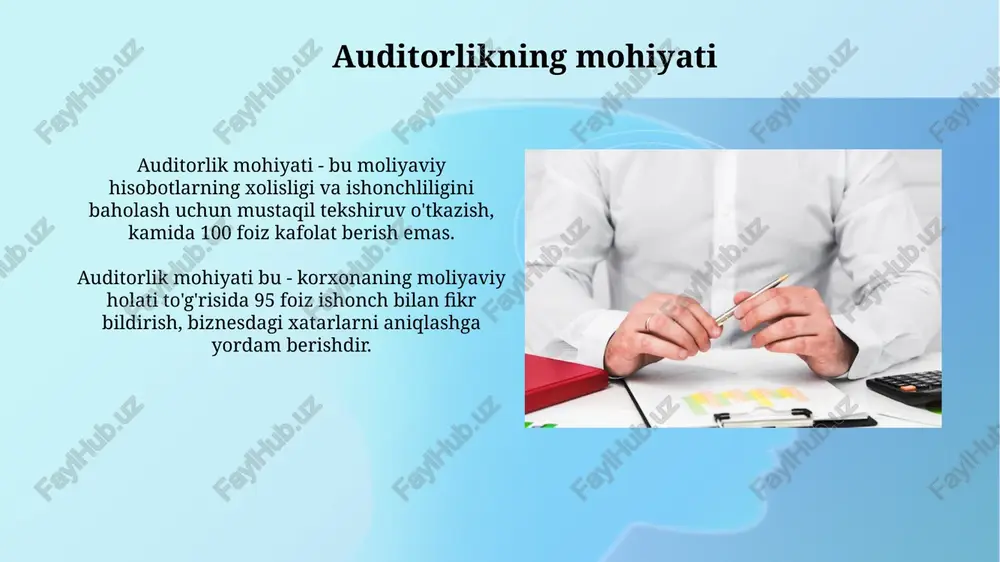 yoki auditorning ko'lami cheklanganida taqdim etiladi, bu esa umumiy fikrga ta'sir qilmaydi. o'zbekiston respublikasida auditorlik faoliyatini tartibga solish o'zbekistonda auditorlik faoliyatini tartibga solish "auditorlik to'g'risida"gi qonun (2000-yil 26-may) bilan amalga oshiriladi, bu qonun auditorlikning huquqiy asoslarini belgilaydi. o'zbekiston respublikasi moliya vazirligi auditorlik faoliyatini tartibga solishda muhim rol o'ynaydi, auditorlik standartlarini tasdiqlaydi va litsenziyalash jarayonini nazorat qiladi. auditorlikning huquqiy asoslari o'zbekiston respublikasining "auditorlik faoliyati to'g'risida"gi qonuni (o'rq-662-son, 2020-yil) auditorlikning huquqiy asosini tashkil etadi va 24 moddadan iborat muhim me'yoriy hujjatdir. o'zbekiston respublikasi prezidentining 2018-yil 24-noyabrdagi pq-4038-sonli qarori auditorlik faoliyatini yanada rivojlantirish, xalqaro standartlarni joriy etish bo'yicha asosiy yo'nalishlarni belgilaydi. auditorlik faoliyatini tartibga solishning normativ-huquqiy asoslari auditorlik faoliyatini tartibga solishning asosiy hujjati - «auditorlik faoliyati to'g'risida»gi qonun (o'rq-662, 2020-yil 18-noyabr), auditorlikning huquqiy asoslarini belgilaydi. o'zbekiston respublikasi vazirlar mahkamasining qarorlari (masalan, 101-son qaror) auditorlik faoliyatini litsenziyalash tartibini va nazoratini tartibga soladi. e'tiboringiz uchun rahmat image2.png image3.jpg image4.jpg image5.jpg image6.jpg image7.jpg image8.jpg image9.jpg image10.jpg …